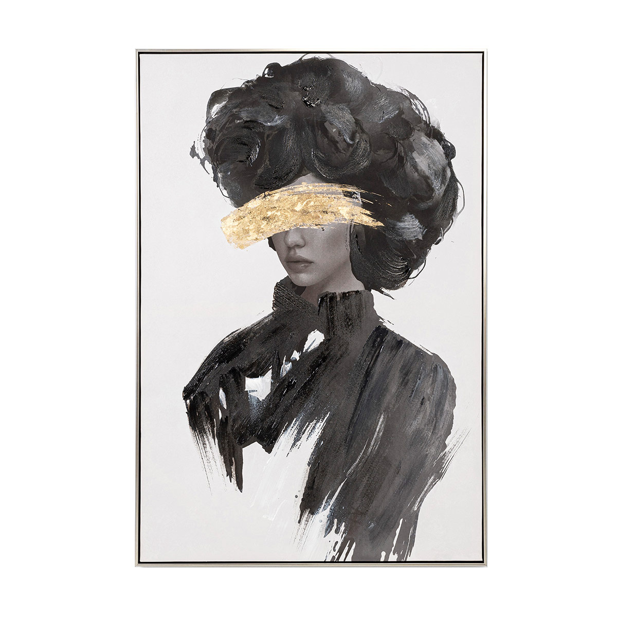 GDECO - CUADRO AL ÓLEO CHICA EN BLANCO Y NEGRO Y ORO 80*120CM