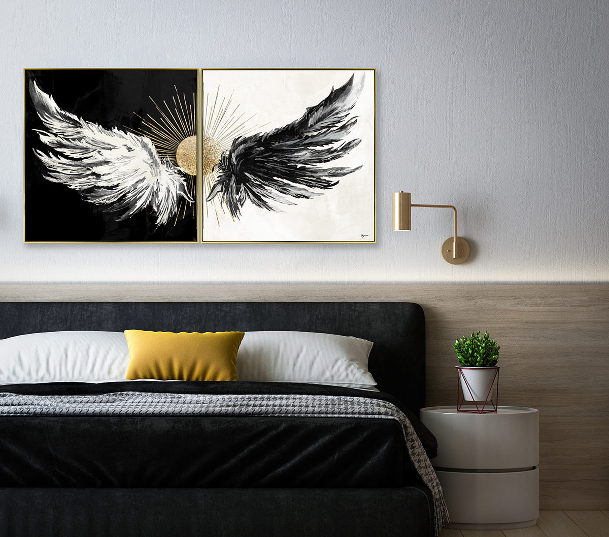 Alternative view of GDECO - SET DE 2 CUADROS IMPRESOS Y AL ÓLEO, MARCO PLATA 80X80X3,5 CM CADA UNO. TOTAL 160x60 CM