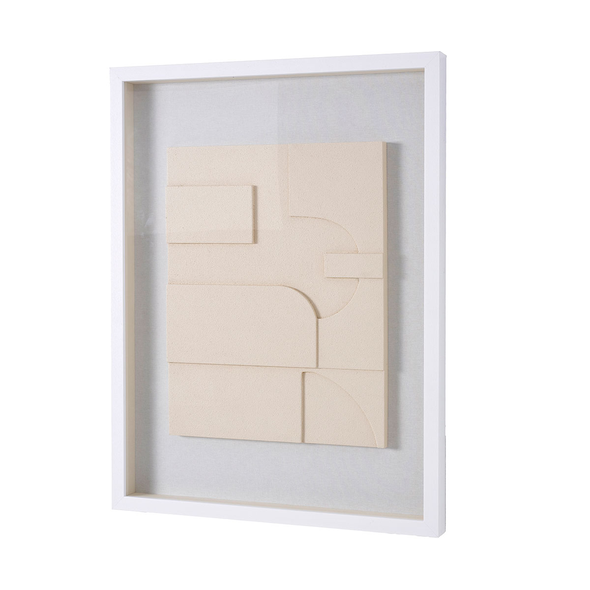 GDECO - CUADRO VITRINA 60*80 CM,MARCO BLANCO Y ESCULTURA MADERA TALLADA BEIGE