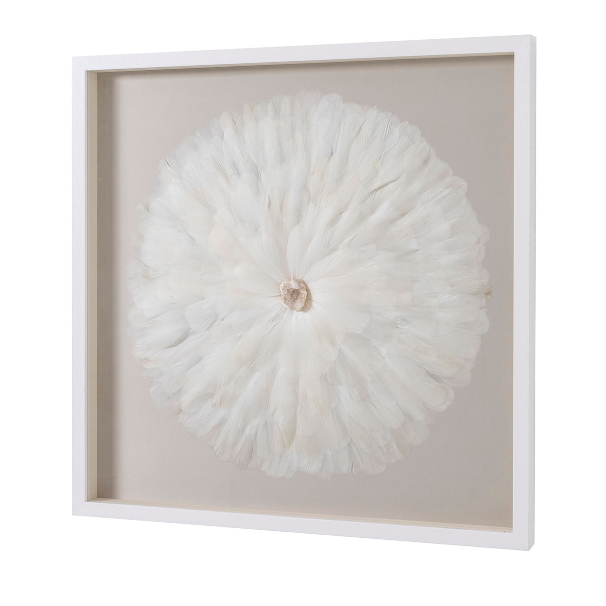 GDECO - CUADRO VITRINA 80*80 CM, MARCO BLANCO CON PLUMAS Y PIEDRA CRISTAL