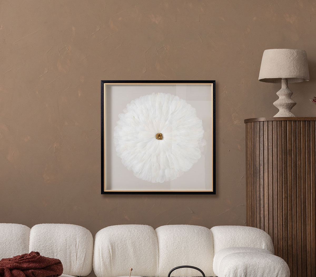 GDECO - CUADRO VITRINA 80*80 CM, MARCO NEGRO Y DORADO, PLUMAS BLANCAS - Imagen 3