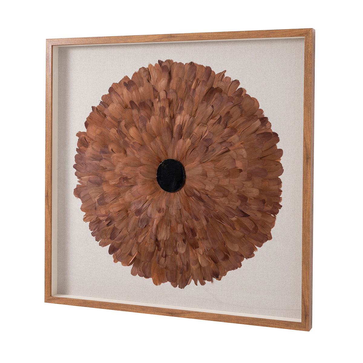 GDECO - CUADRO VITRINA 100*100 CM, MARCO ROBLE Y PLUMAS CORAL CON PIEDRA CRISTAL