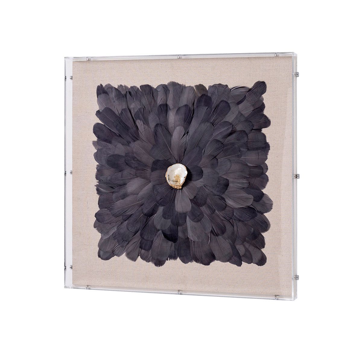 GDECO - CUADRO VITRINA 60*60 CM, CAJA METRACRILATO, ESCULTURA PLUMAS NEGRAS CON PIEDRA CRISTAL