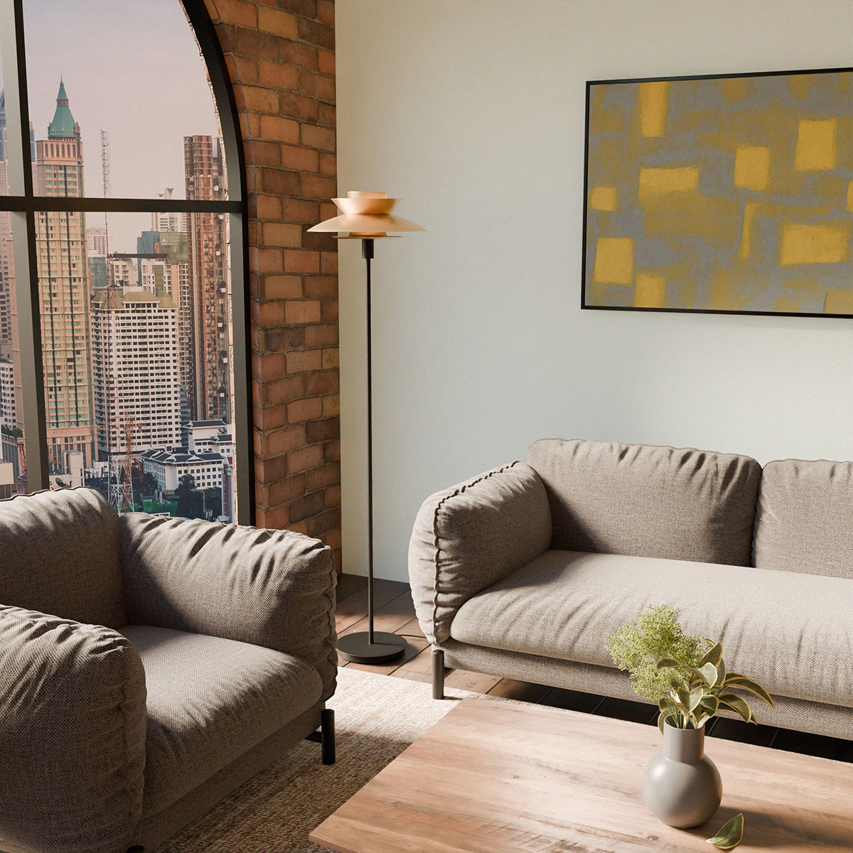 GDECO - LÁMPARA PIE DINA. BASE NEGRO, PANTALLA DORADA.