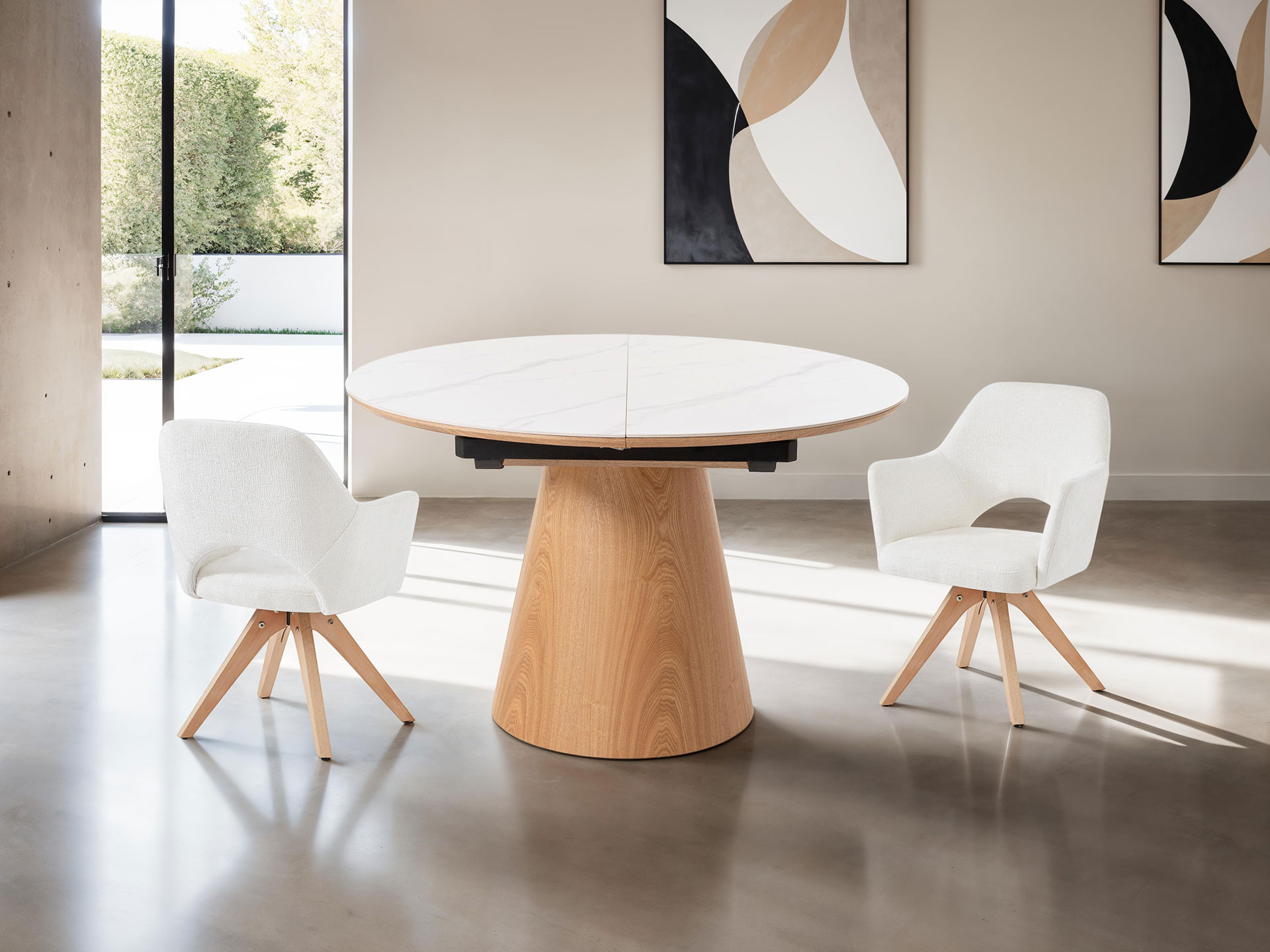 Alternative view of GDECO - MESA COMEDOR 120*120 CM, EXTENSIBLE A 160*120 CM. TAPA PORCELANICO BLANCO, PIE CHAPA ROBLE. ALTURA 76 CM