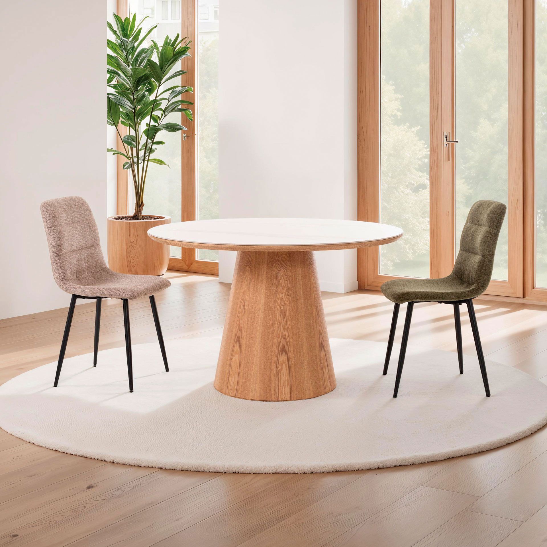 Alternative view of GDECO - MESA COMEDOR REDONDA 120 CM. TAPA PORCELANICO BLANCO, PIE CHAPA ROBLE. ALTURA 76 CM