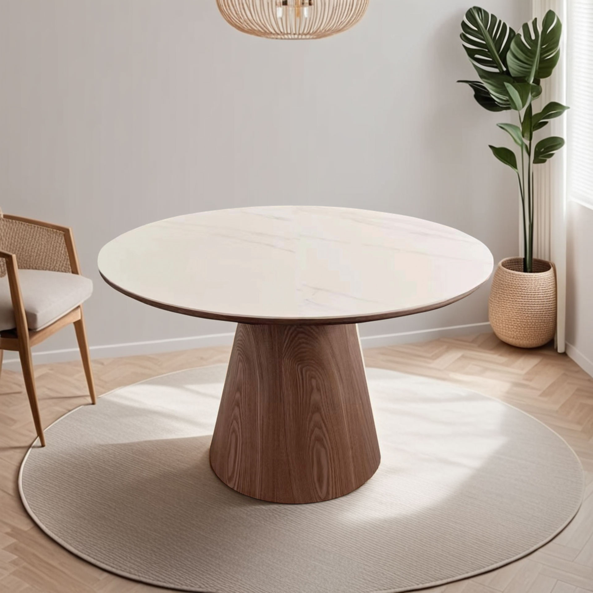 Alternative view of GDECO - MESA COMEDOR REDONDA 120 CM. TAPA PORCELANICO BLANCO, PIE CHAPA NOGAL. ALTURA 76 CM