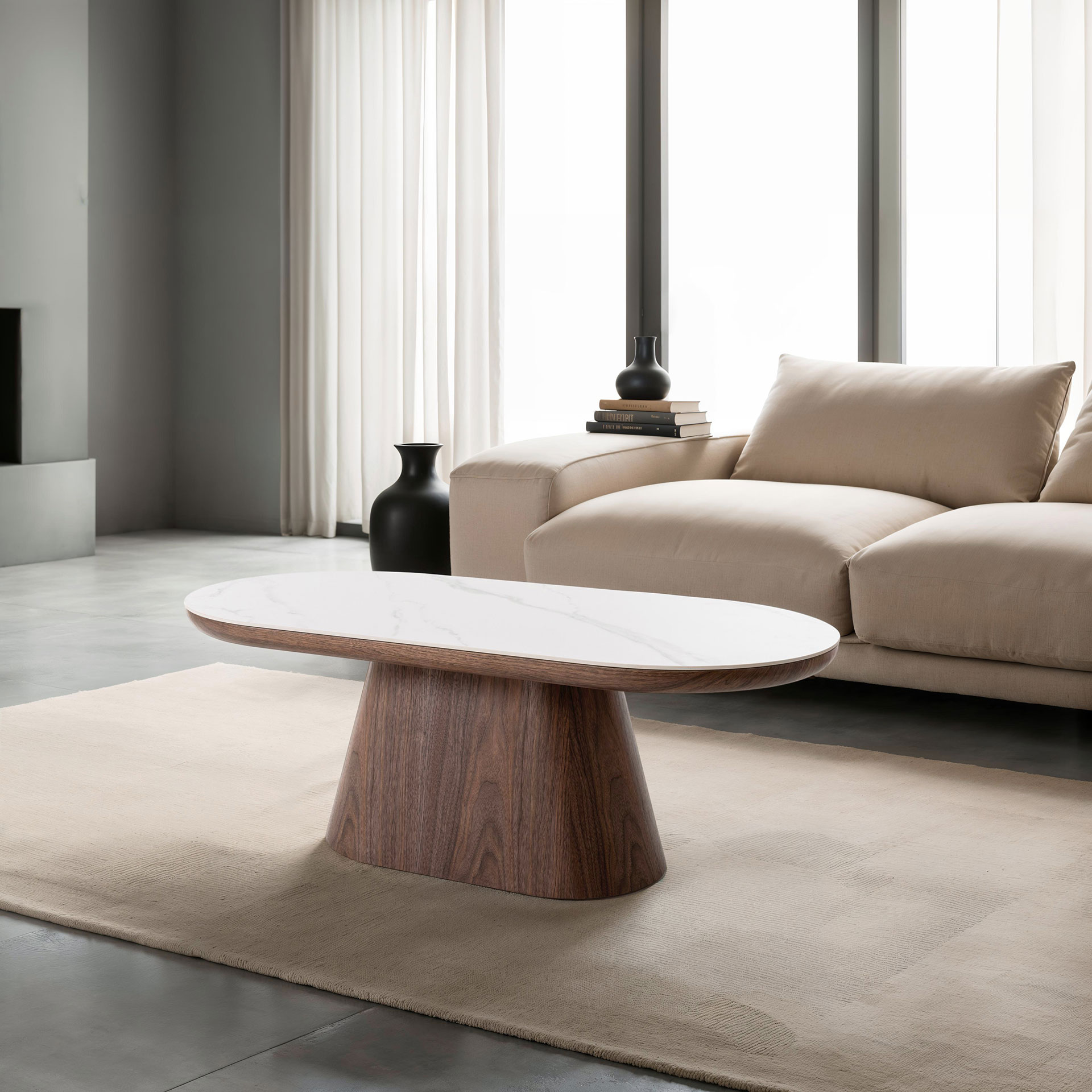 GDECO - MESA CENTRO SOFA 120*45*60 CM. TAPA PORCELANICO BLANCO, PIE CHAPA NOGAL - Imagen 3