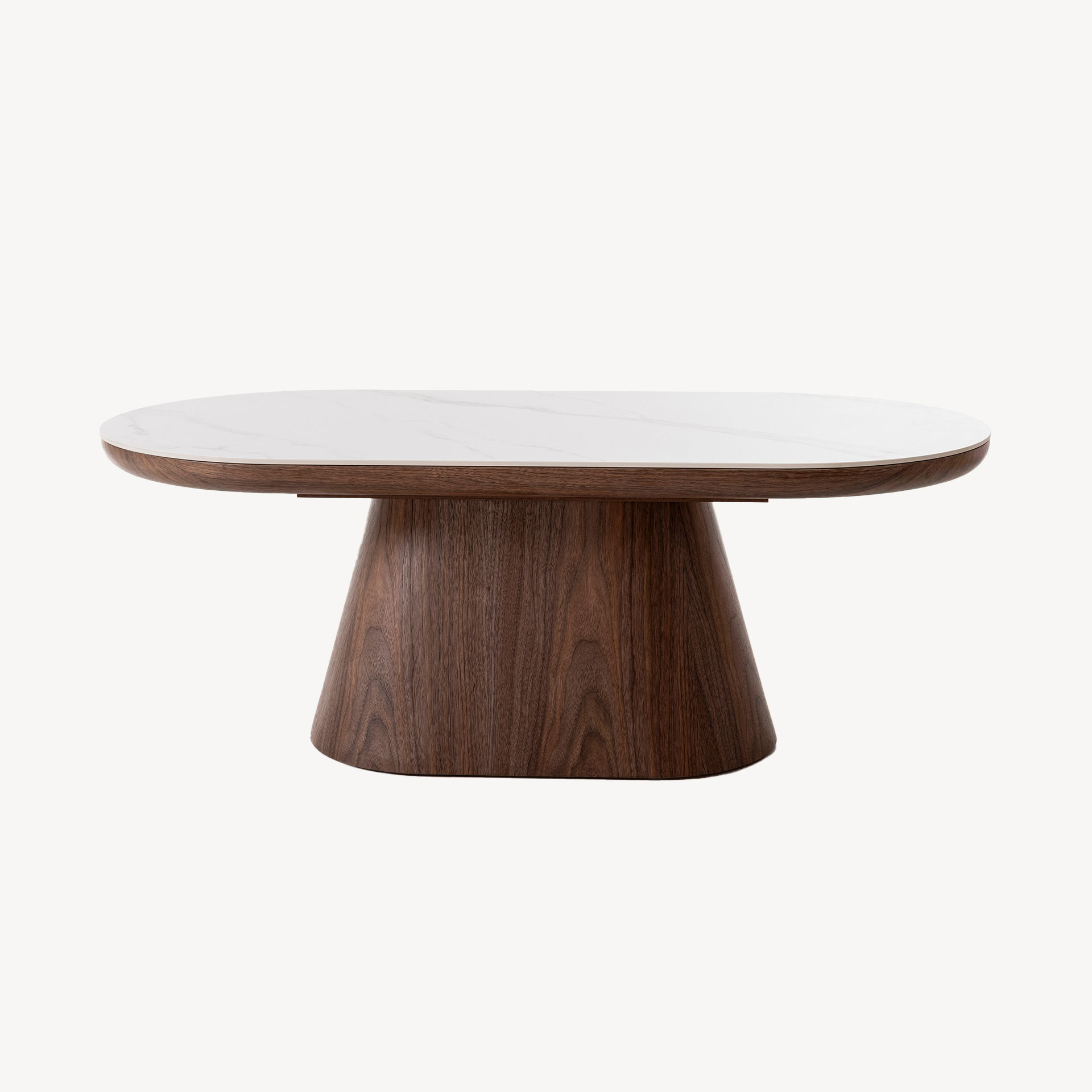 GDECO - MESA CENTRO SOFA 120*45*60 CM. TAPA PORCELANICO BLANCO, PIE CHAPA NOGAL