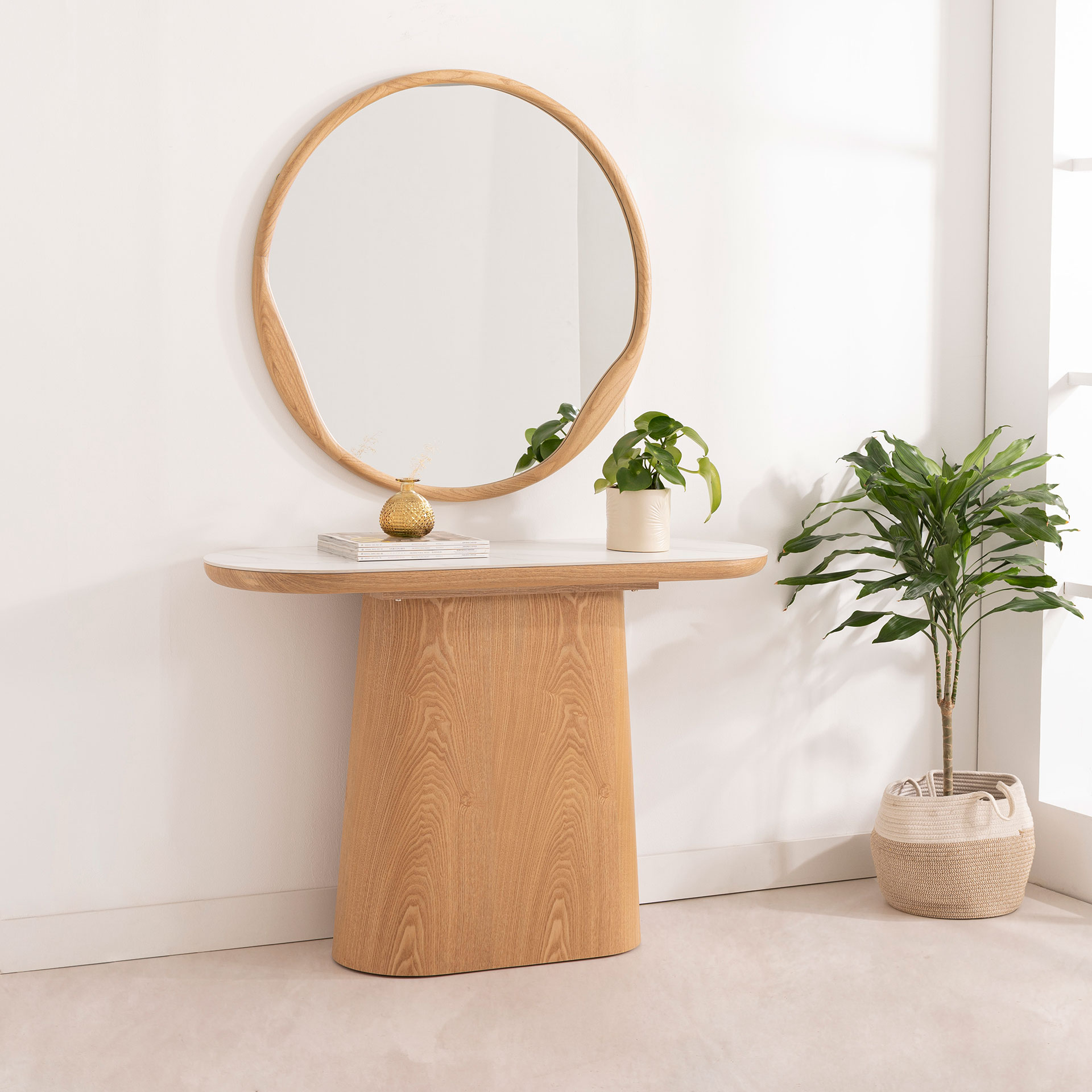 GDECO - CONSOLA 120*80*40 CM. TAPA PORCELANICO BLANCO, PIE CHAPA MADERA ROBLE - Imagen 3