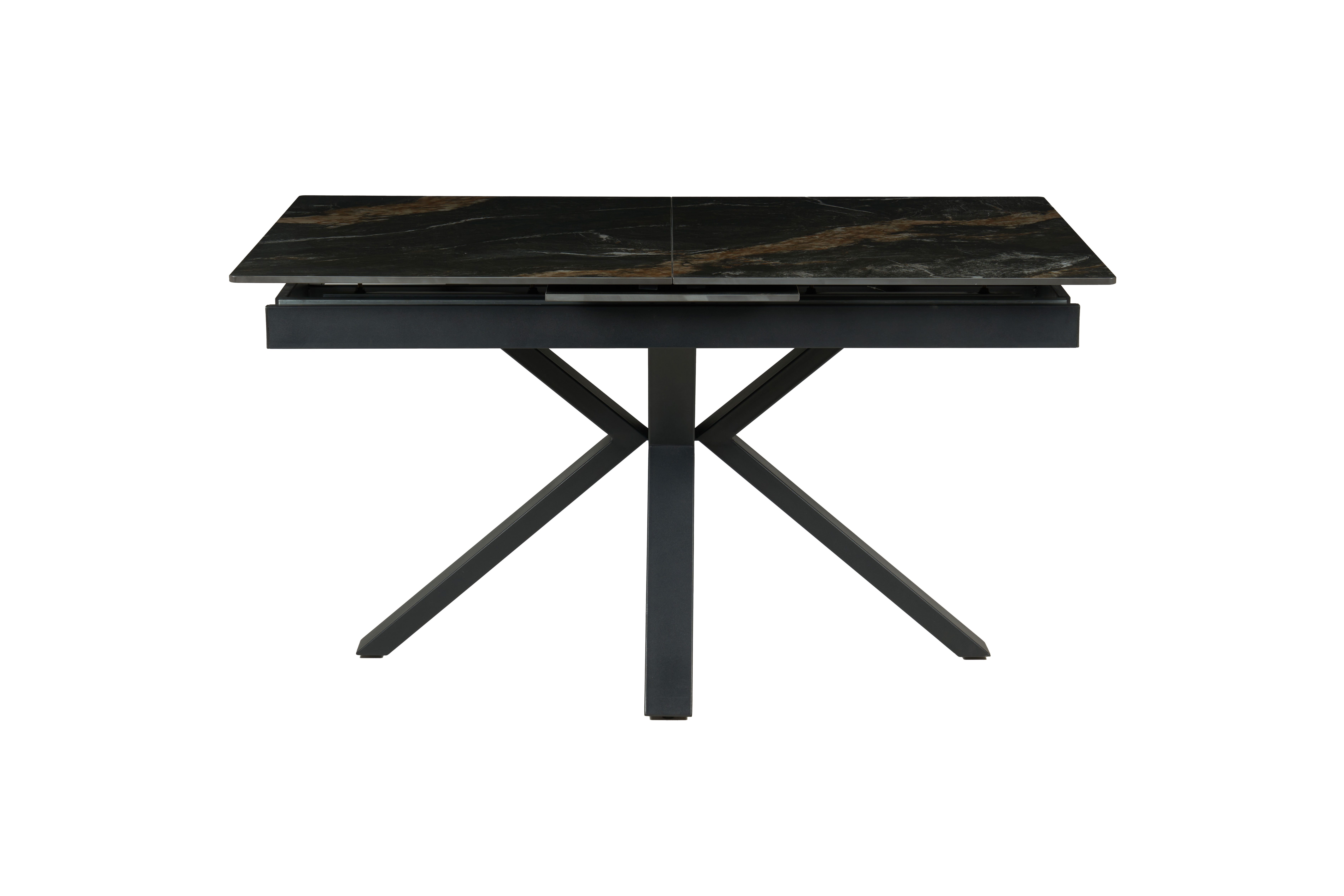 GDECO - MESA EXTENSIBLE 140/180*85*76 CM, TAPA PORCELANICO NEGRA Y BASE METAL NEGRO