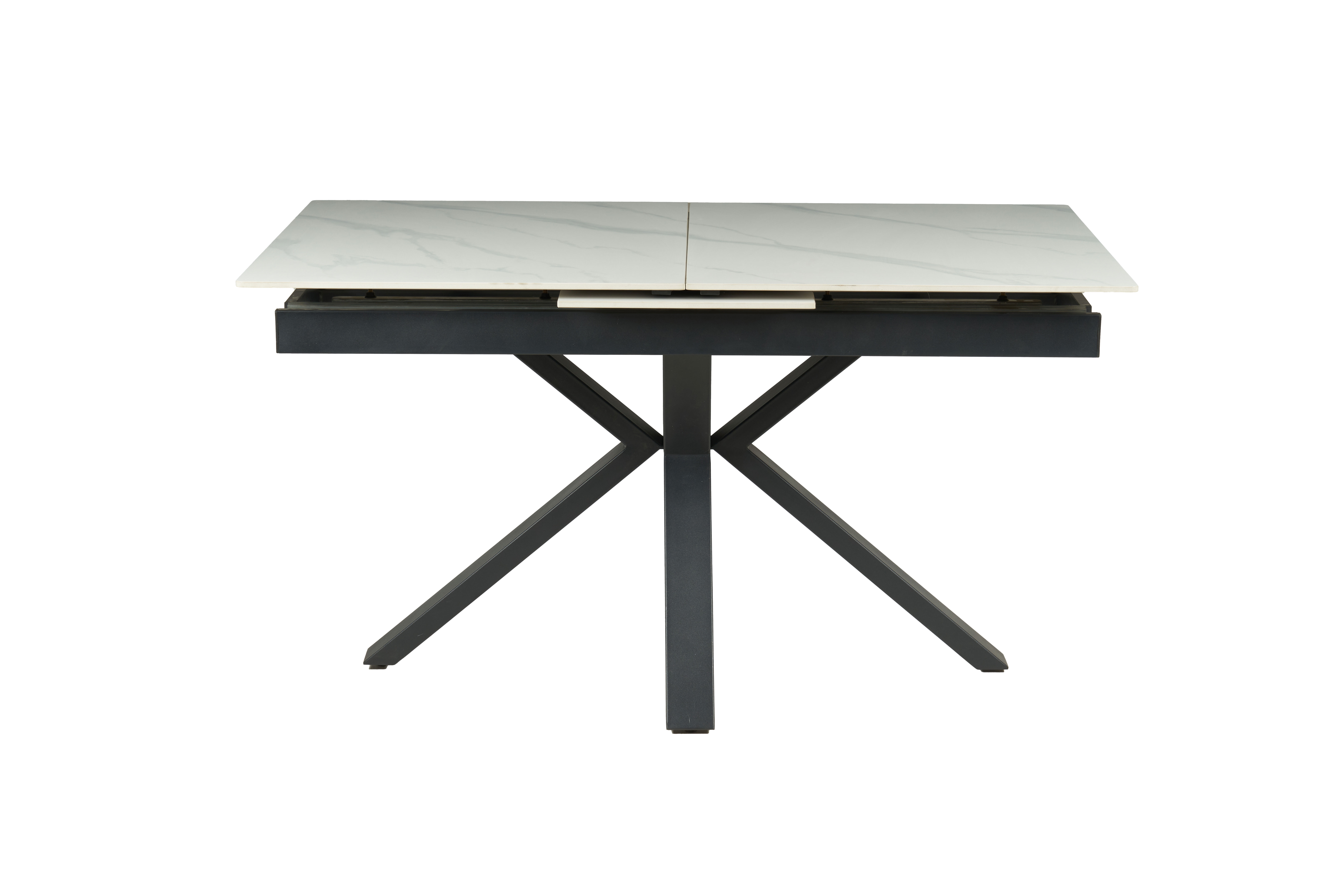GDECO - MESA EXTENSIBLE 140/180*85*76 CM, TAPA PORCELANICO BLANCO Y BASE METAL NEGRO