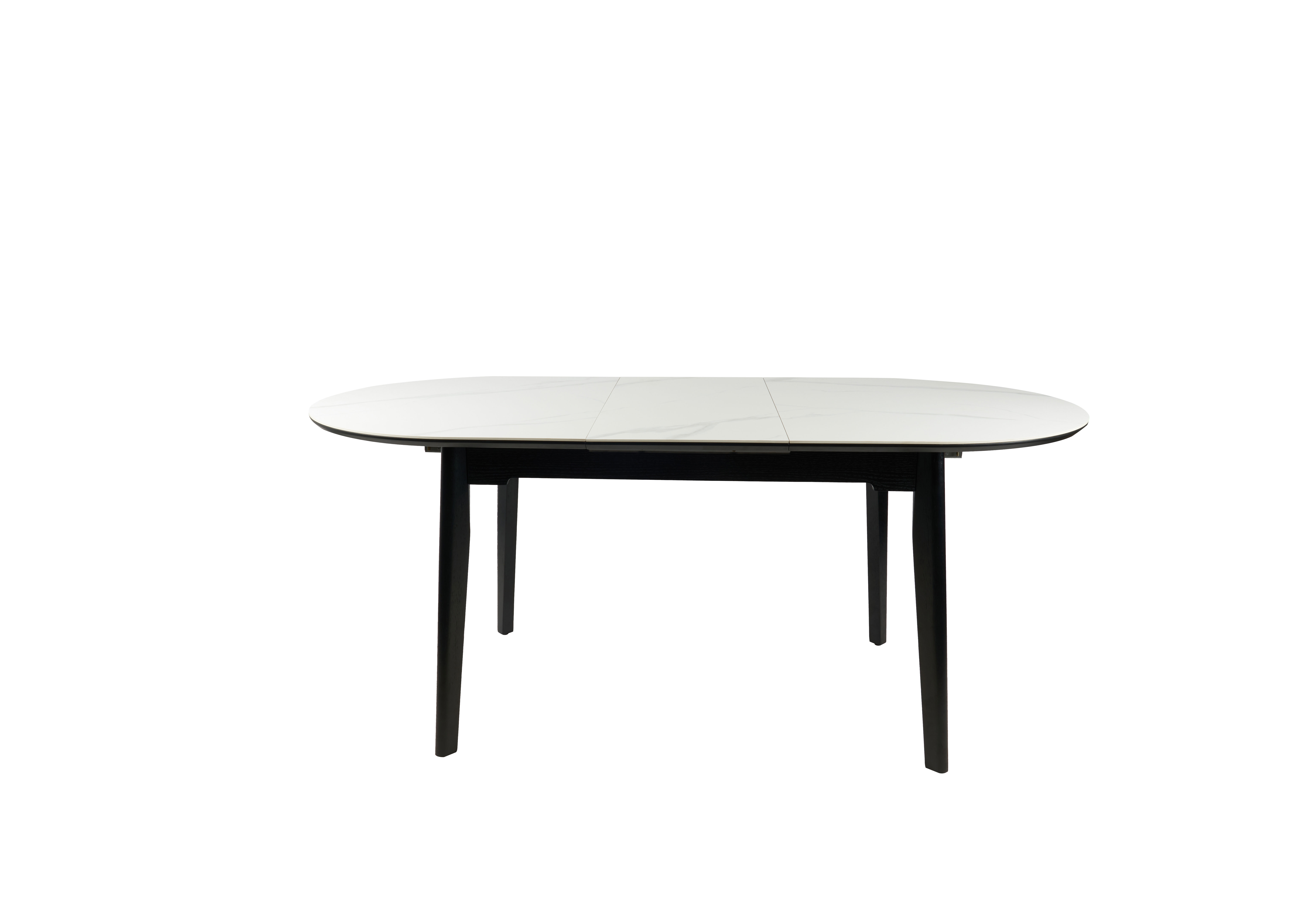 GDECO - MESA EXTENSIBLE OVALADA 140/180*85*76 CM, TAPA PORCELANICO BLANCO Y BASE METAL NEGRO