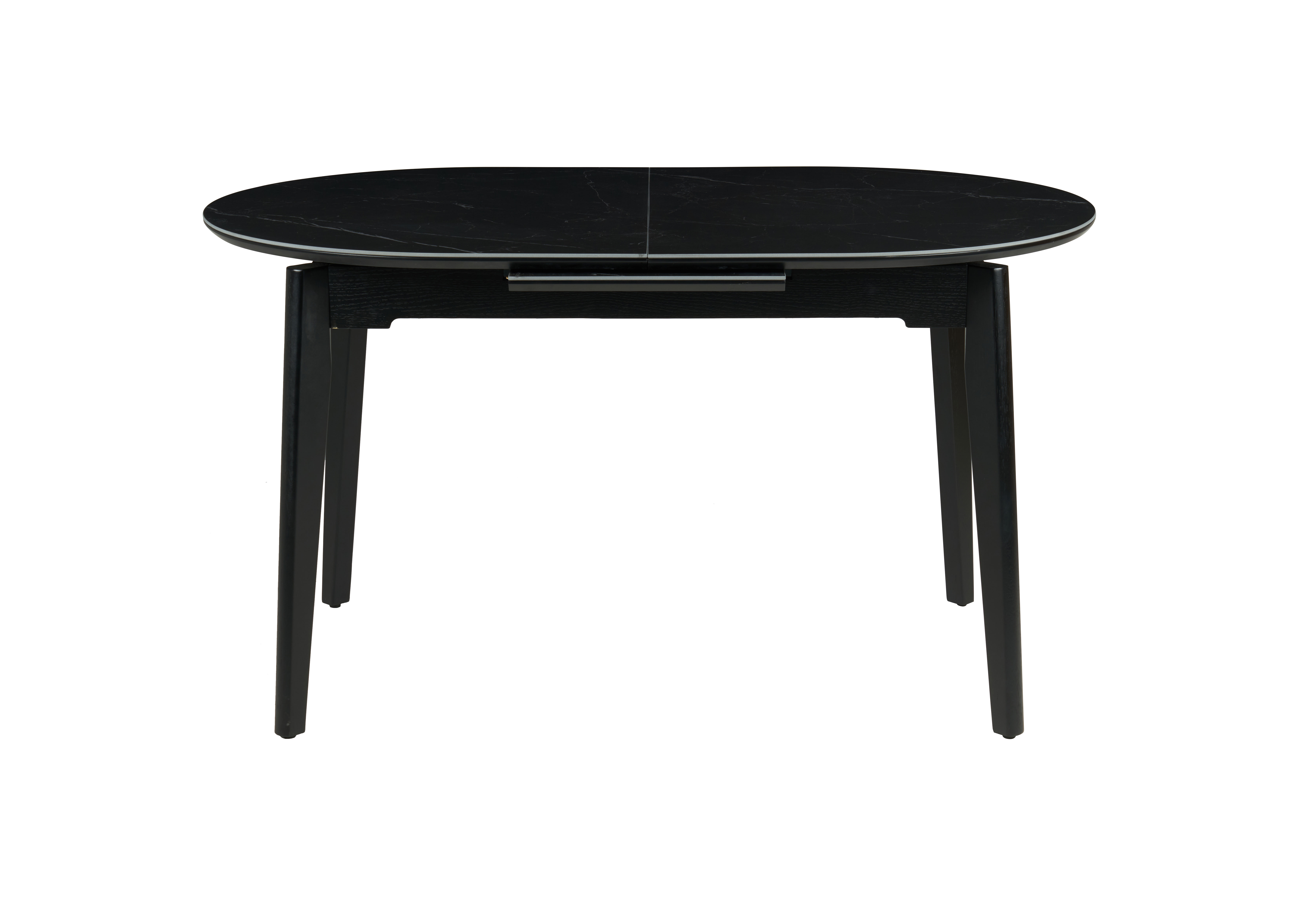 GDECO - MESA EXTENSIBLE OVALADA 140/180*85*76 CM, TAPA PORCELANICO NEGRO Y BASE METAL NEGRO