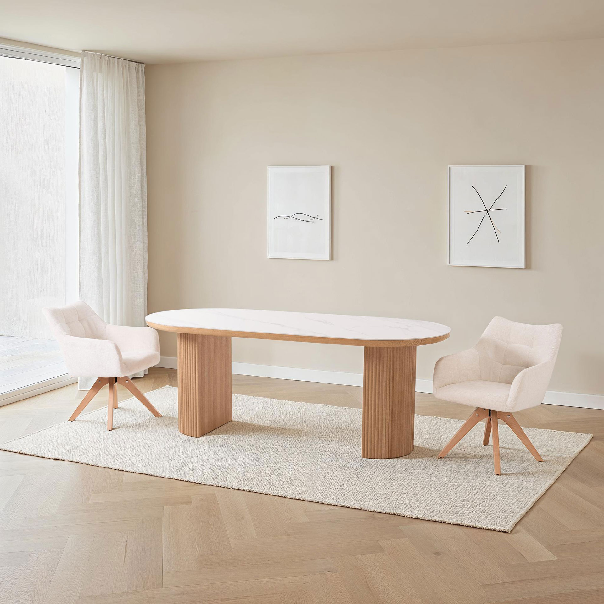 Alternative view of GDECO - MESA COMEDOR OVALADA 200*90*76CM, TAPA PORCELANICO BLANCO, PIE CHAPA ROBLE CON PALILLERIA