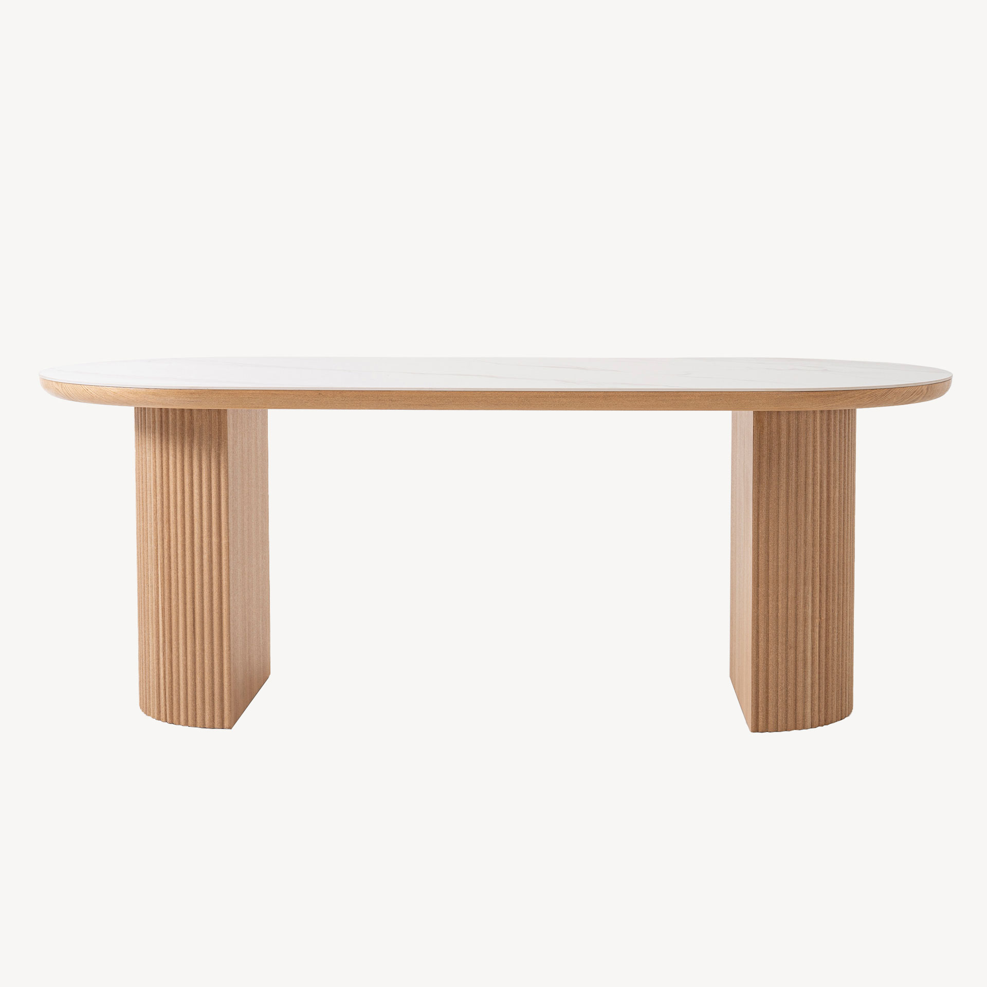 GDECO - MESA COMEDOR OVALADA 200*90*76CM, TAPA PORCELANICO BLANCO, PIE CHAPA ROBLE CON PALILLERIA