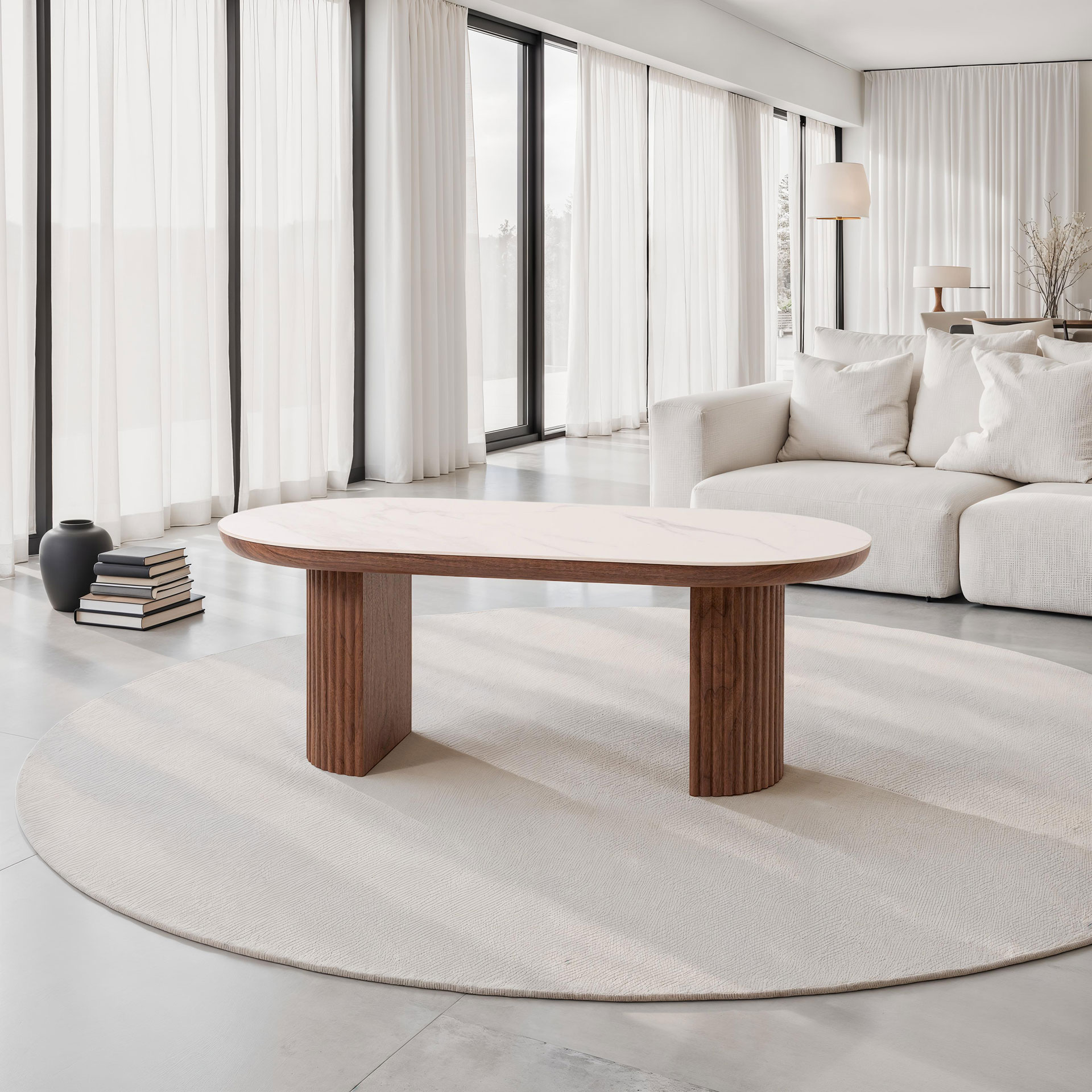 Alternative view of GDECO - MESA CENTRO SOFA 120*45*60 CM. TAPA PORCELANICO BLANCO, PIE CHAPA NOGAL CON PALILLERIA