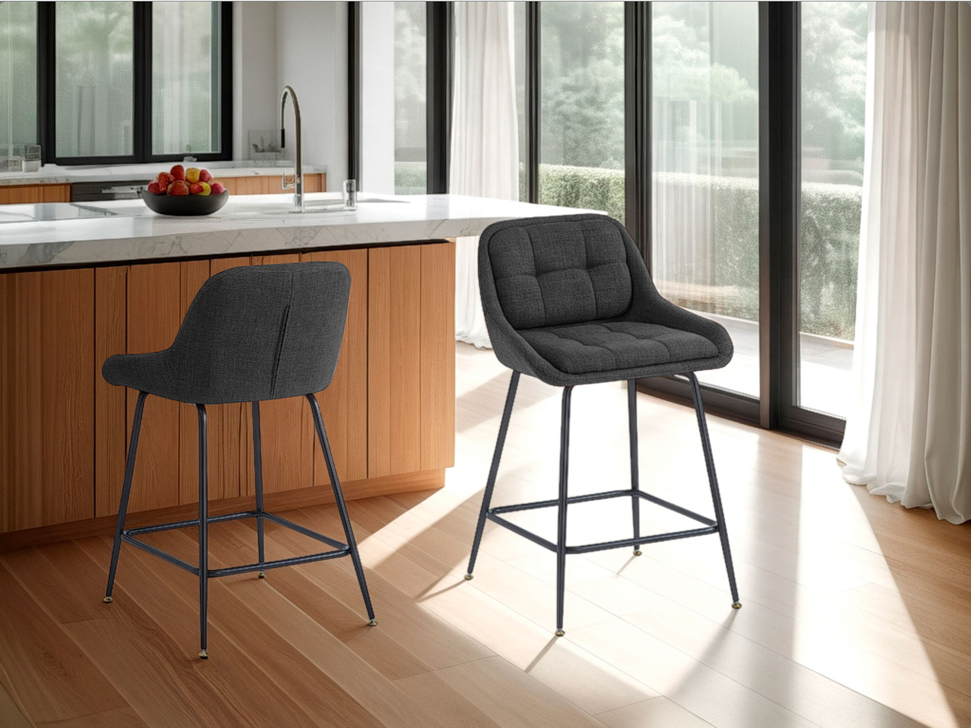 GDECO - TABURETE BELMONT, TAPIZADO GRIS MARENGO, PATAS METAL NEGRO, ASIENTO 65 CM. 80*54*55 CM