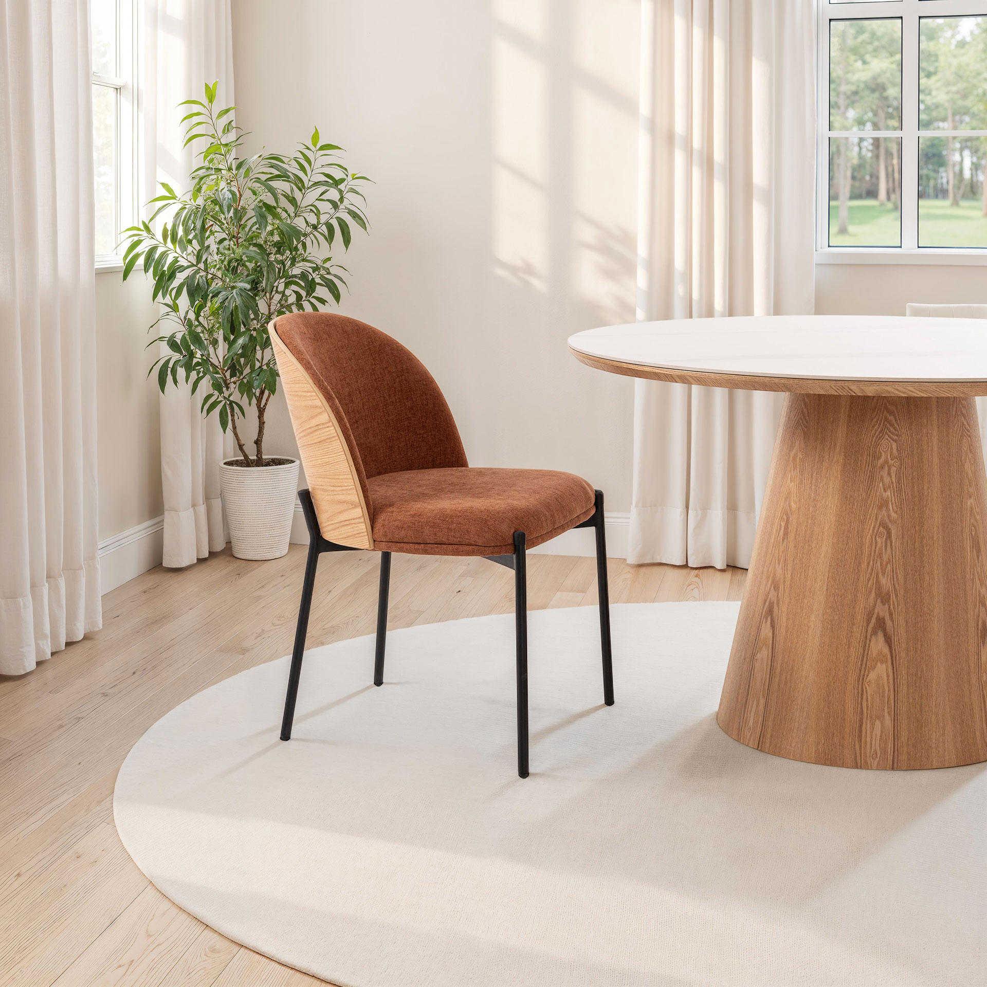 Alternative view of GDECO - SILLA INGRID 80*51*59 CM, ASIENTO CHAPA ROBLE CURVADO, TAPIZADO EN COLOR CALDERA Y PATAS METALICAS EN NEGRO, TEJIDO AQUACLEAN