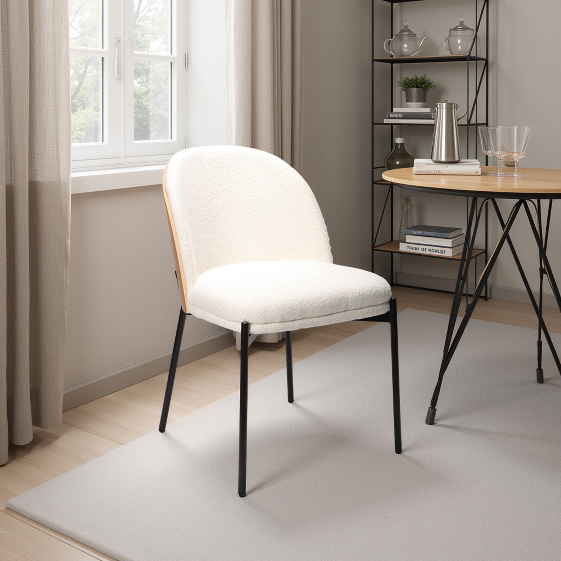 Alternative view of GDECO - SILLA INGRID 80*51*59 CM, ASIENTO CHAPA ROBLE CURVADO, TAPIZADO BOUCLE BLANCO Y PATAS METALICAS EN NEGRO, TEJIDO AQUACLEAN