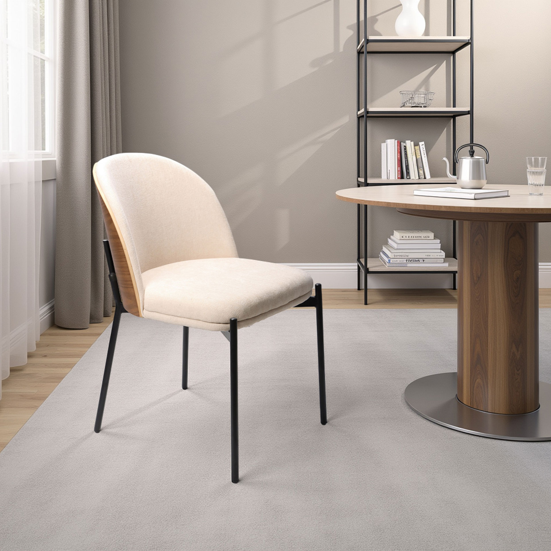 Alternative view of GDECO - SILLA INGRID 80*51*59 CM, ASIENTO CHAPA NOGAL CURVADO, TAPIZADO BEIGE Y PATAS METALICAS EN NEGRO, TEJIDO AQUACLEAN