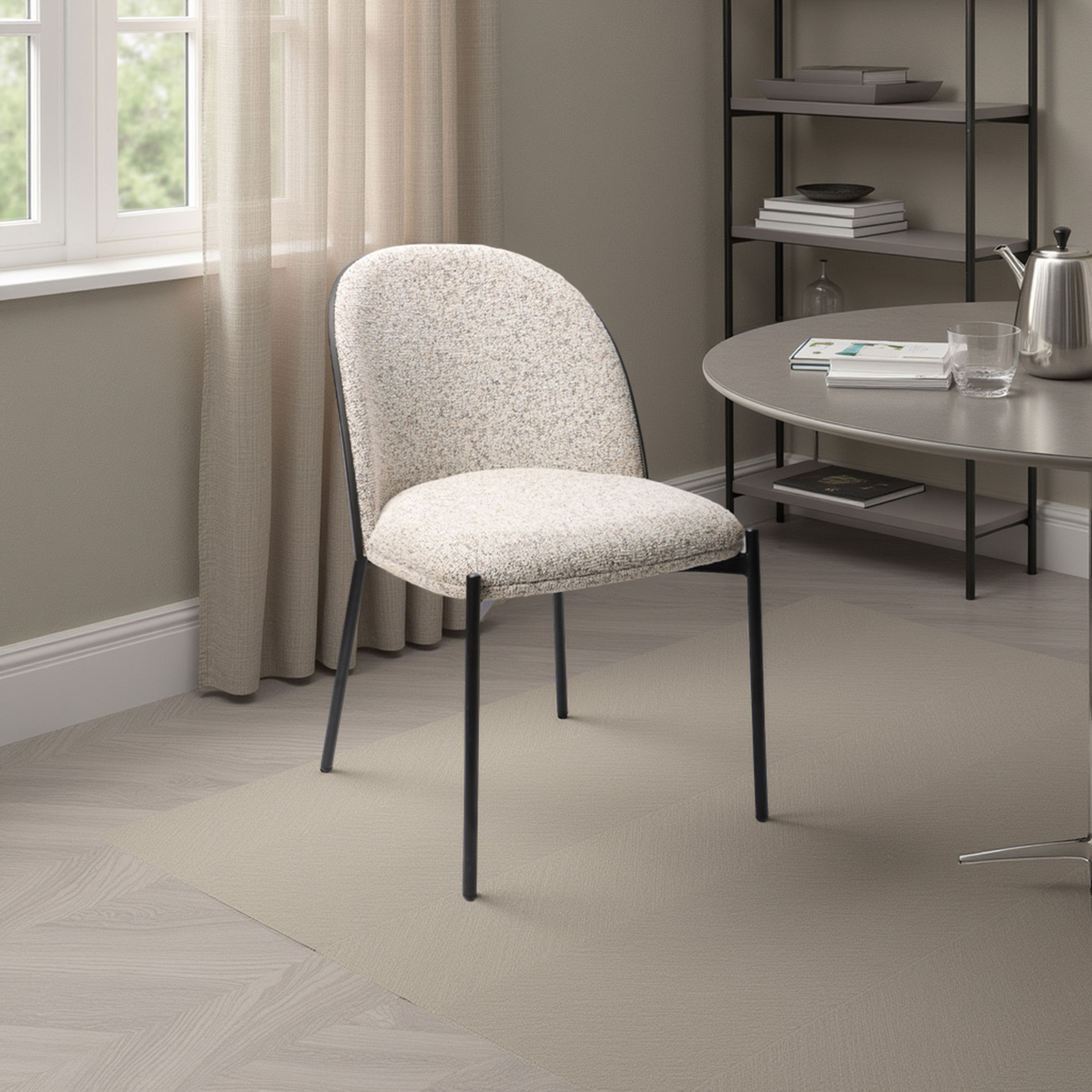 Alternative view of GDECO - SILLA INGRID 80*51*59 CM, ASIENTO CHAPA NEGRA CURVADA, TAPIZADO BLANCO JASPEADO Y PATAS METALICAS EN NEGRO, TEJIDO IGNIFUGO Y AQUACLEAN