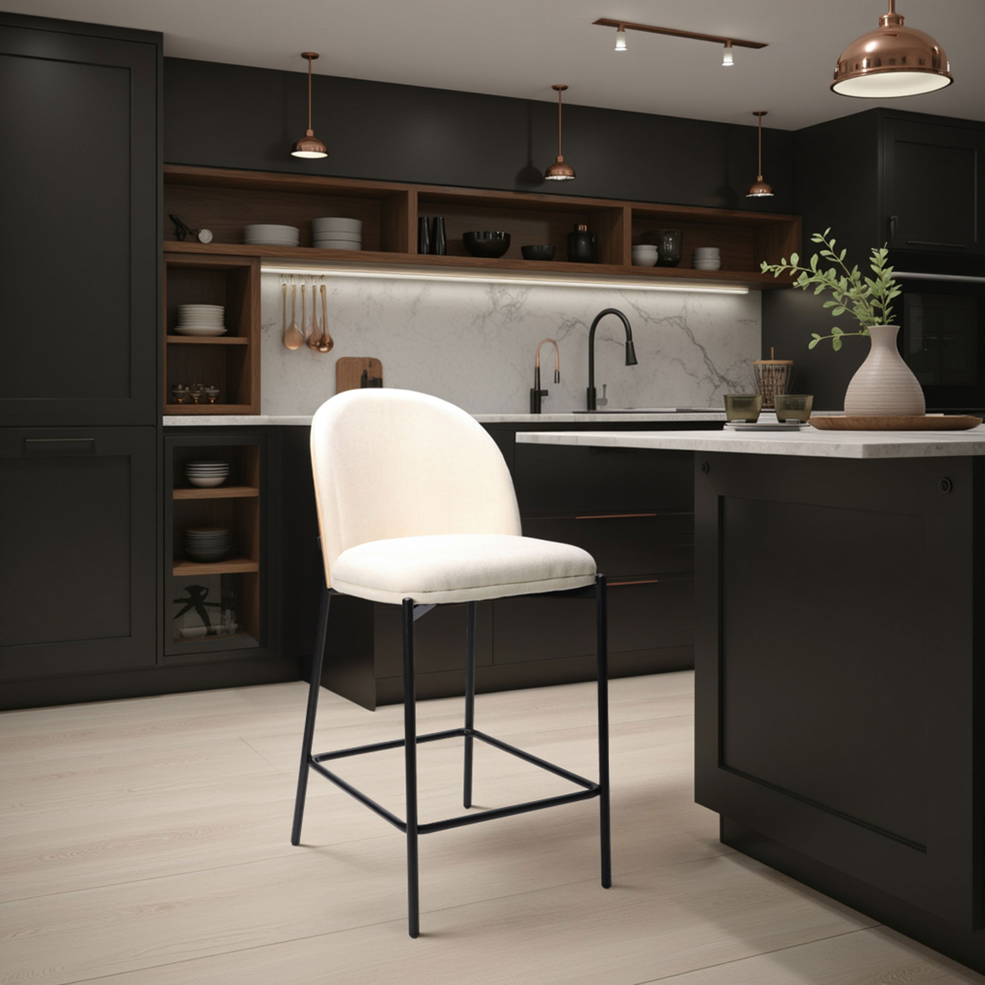 Alternative view of GDECO - TABURETE INGRID 90*51*59 CM, ASIENTO CHAPA ROBLE CURVADO, TAPIZADO BEIGE Y PATAS METALICAS EN NEGRO, TEJIDO AQUACLEAN