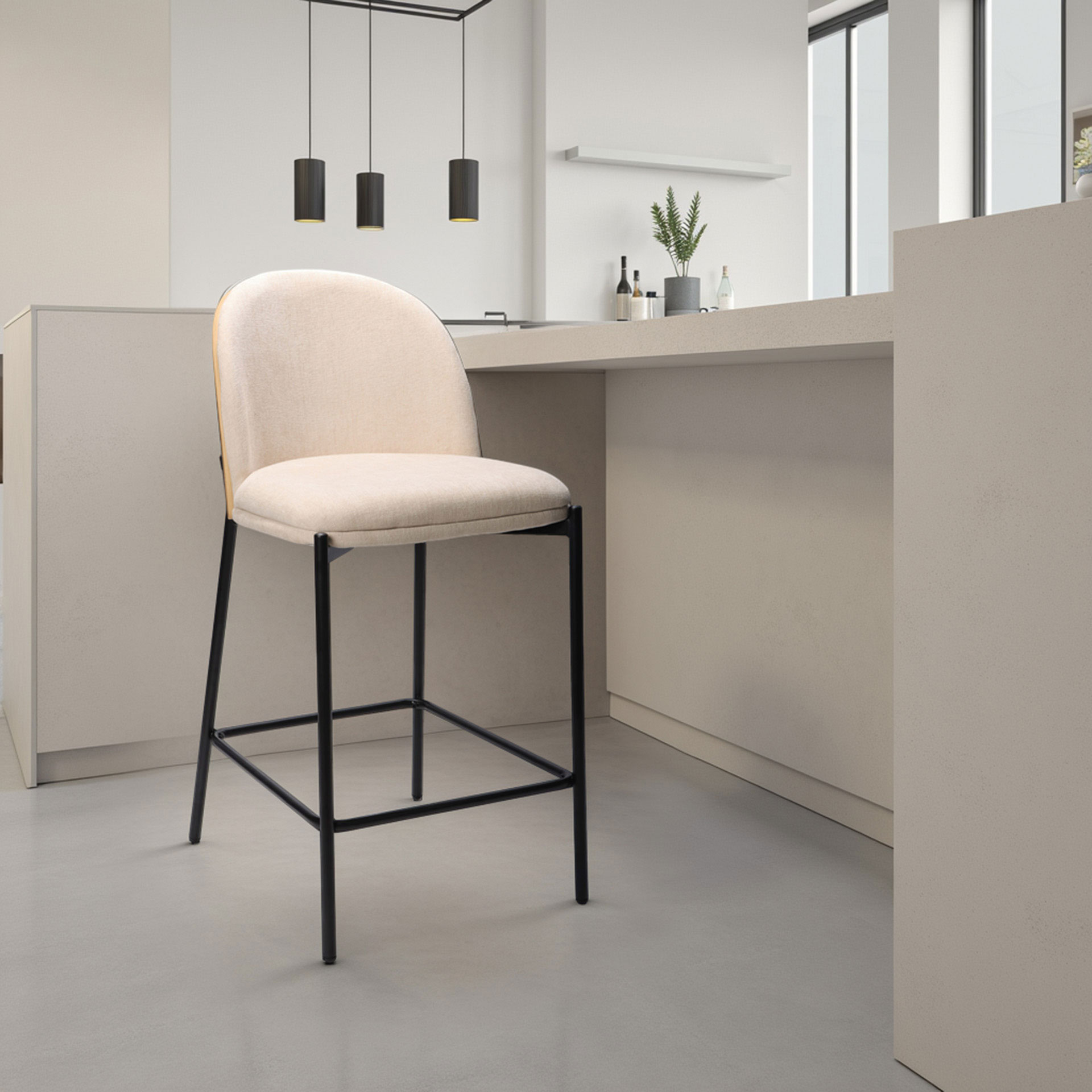 Alternative view of GDECO - TABURETE INGRID 90*51*59 CM, ASIENTO CHAPA NOGAL CURVADO, TAPIZADO BEIGE Y PATAS METALICAS EN NEGRO, TEJIDO AQUACLEAN