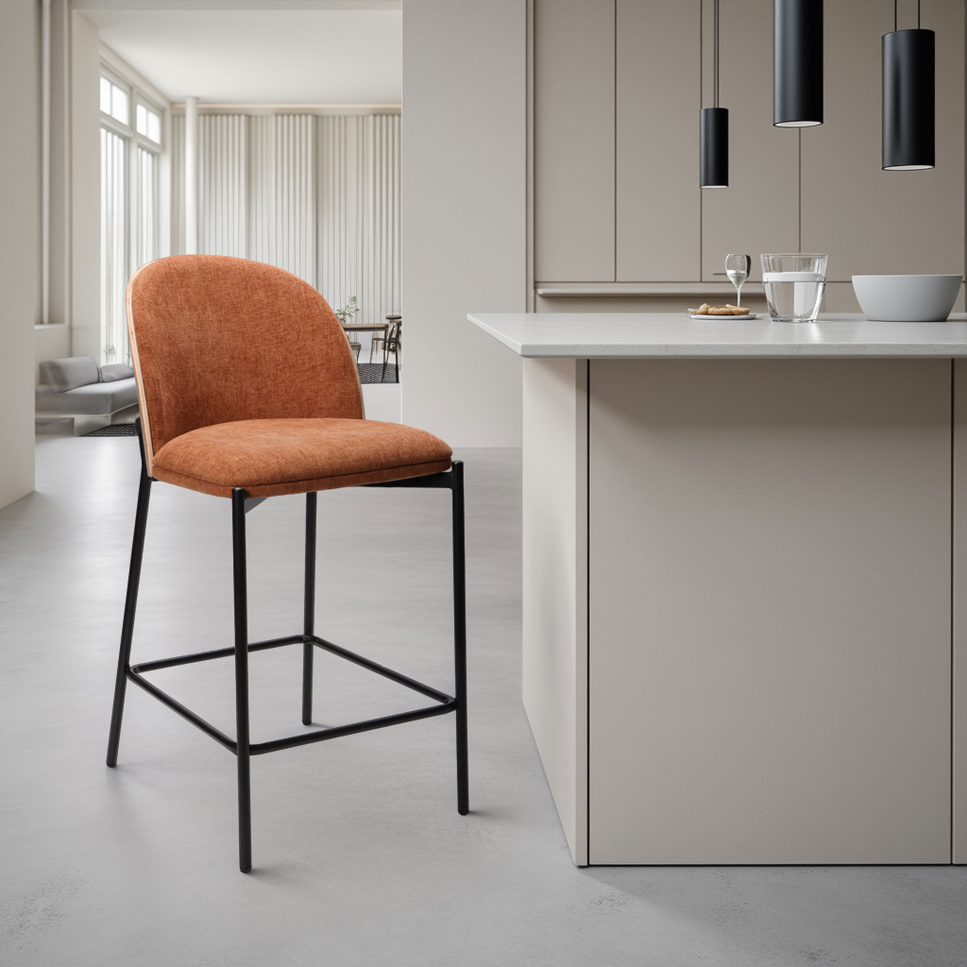 Alternative view of GDECO - TABURETE INGRID 90*51*59 CM, ASIENTO CHAPA ROBLE CURVADO, TAPIZADO EN COLOR CALDERA Y PATAS METALICAS EN NEGRO, TEJIDO AQUACLEAN