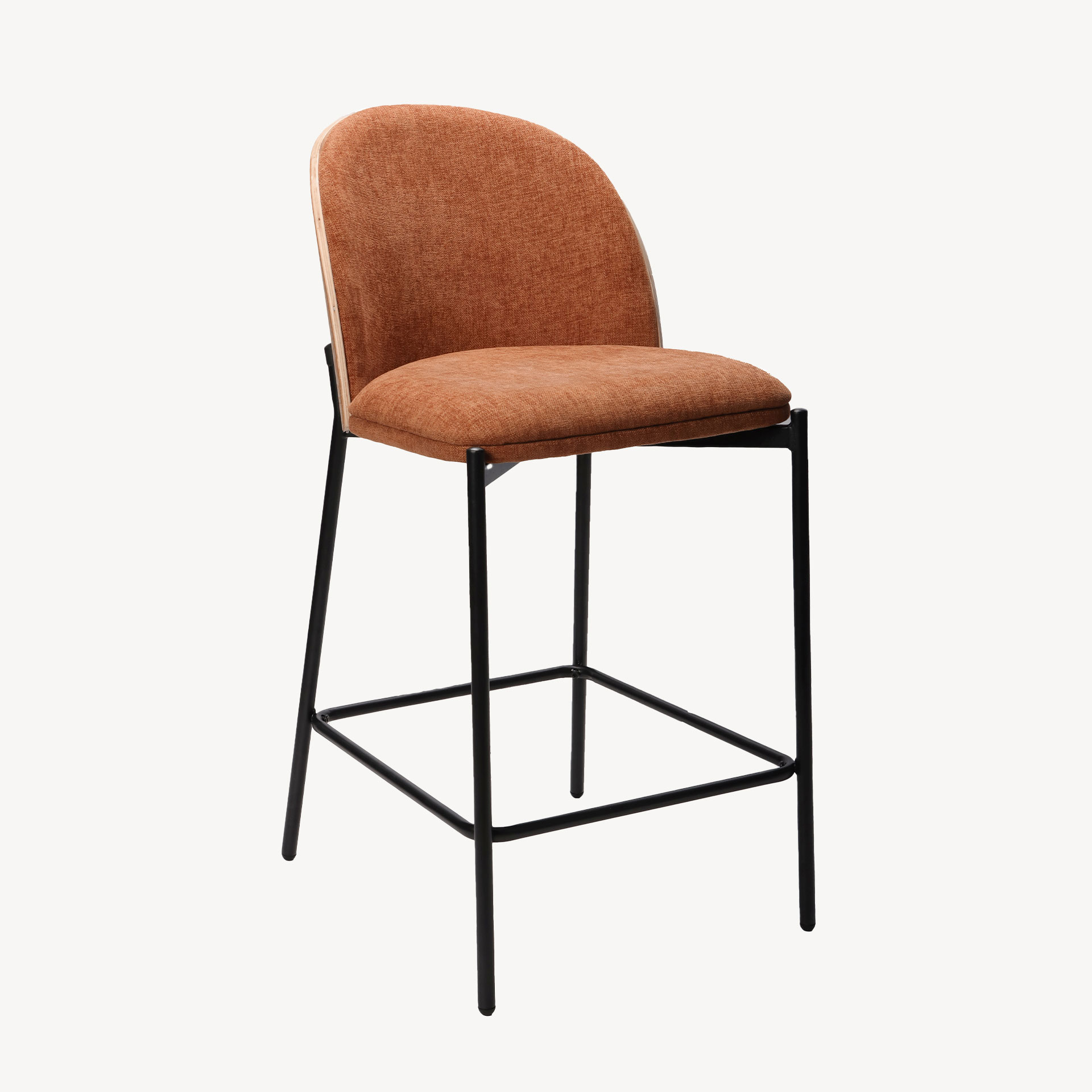 GDECO - TABURETE INGRID 90*51*59 CM, ASIENTO CHAPA ROBLE CURVADO, TAPIZADO EN COLOR CALDERA Y PATAS METALICAS EN NEGRO, TEJIDO AQUACLEAN