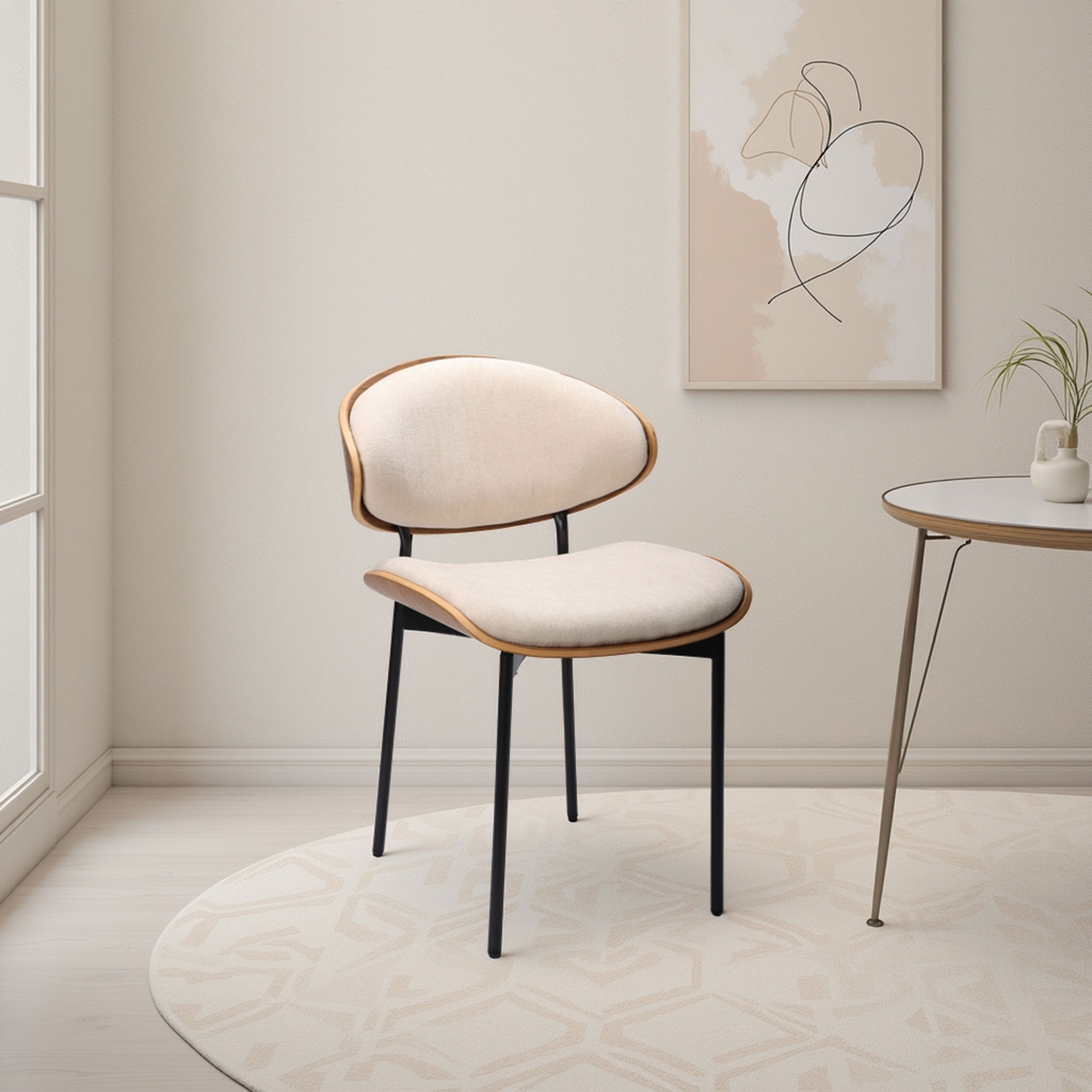 Alternative view of GDECO - SILLA LENA 75*50*55 CM, ASIENTO CHAPA NOGAL CURVADO, TAPIZADO BEIGE Y PATAS METALICAS EN NEGRO, TEJIDO AQUACLEAN