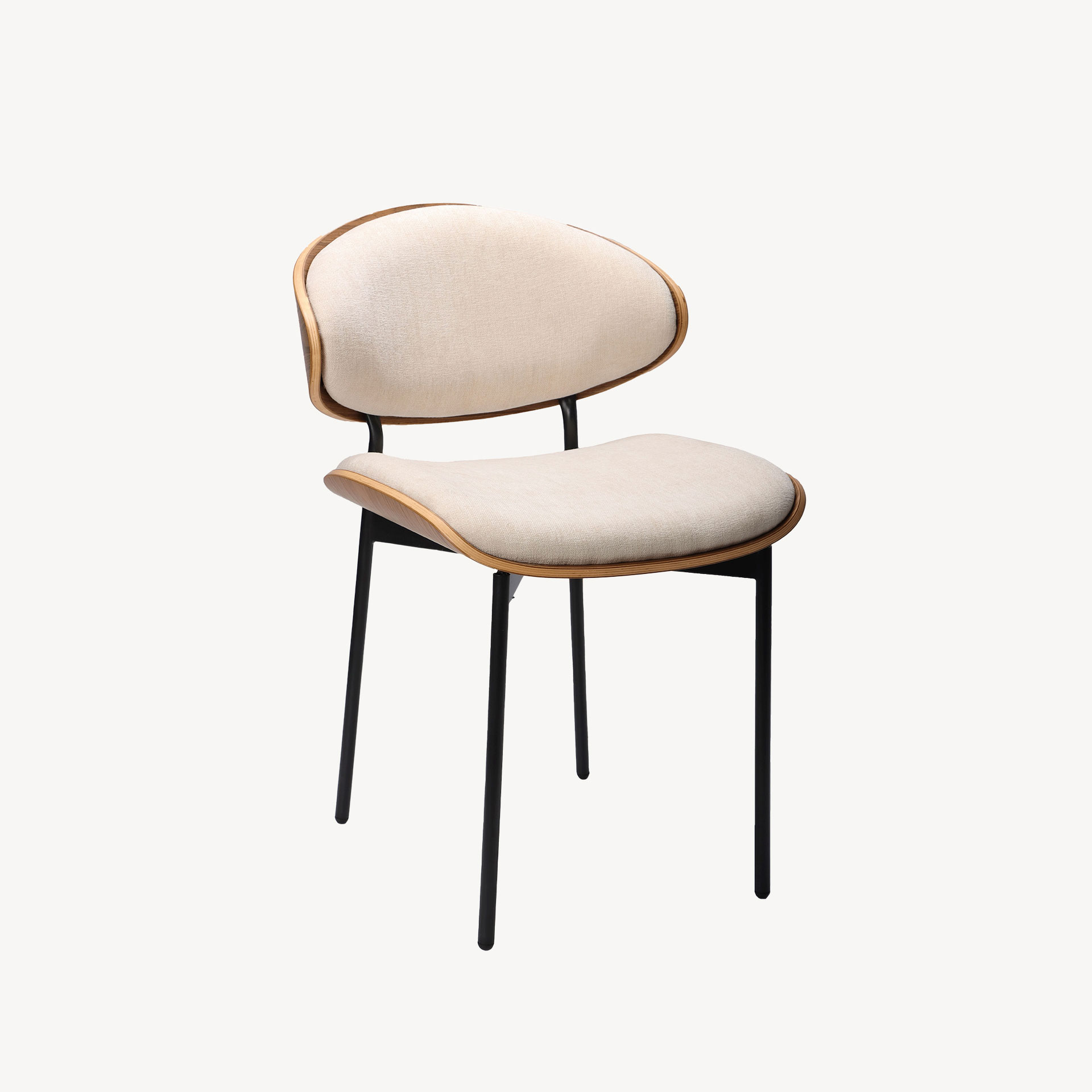 GDECO - SILLA LENA 75*50*55 CM, ASIENTO CHAPA NOGAL CURVADO, TAPIZADO BEIGE Y PATAS METALICAS EN NEGRO, TEJIDO AQUACLEAN