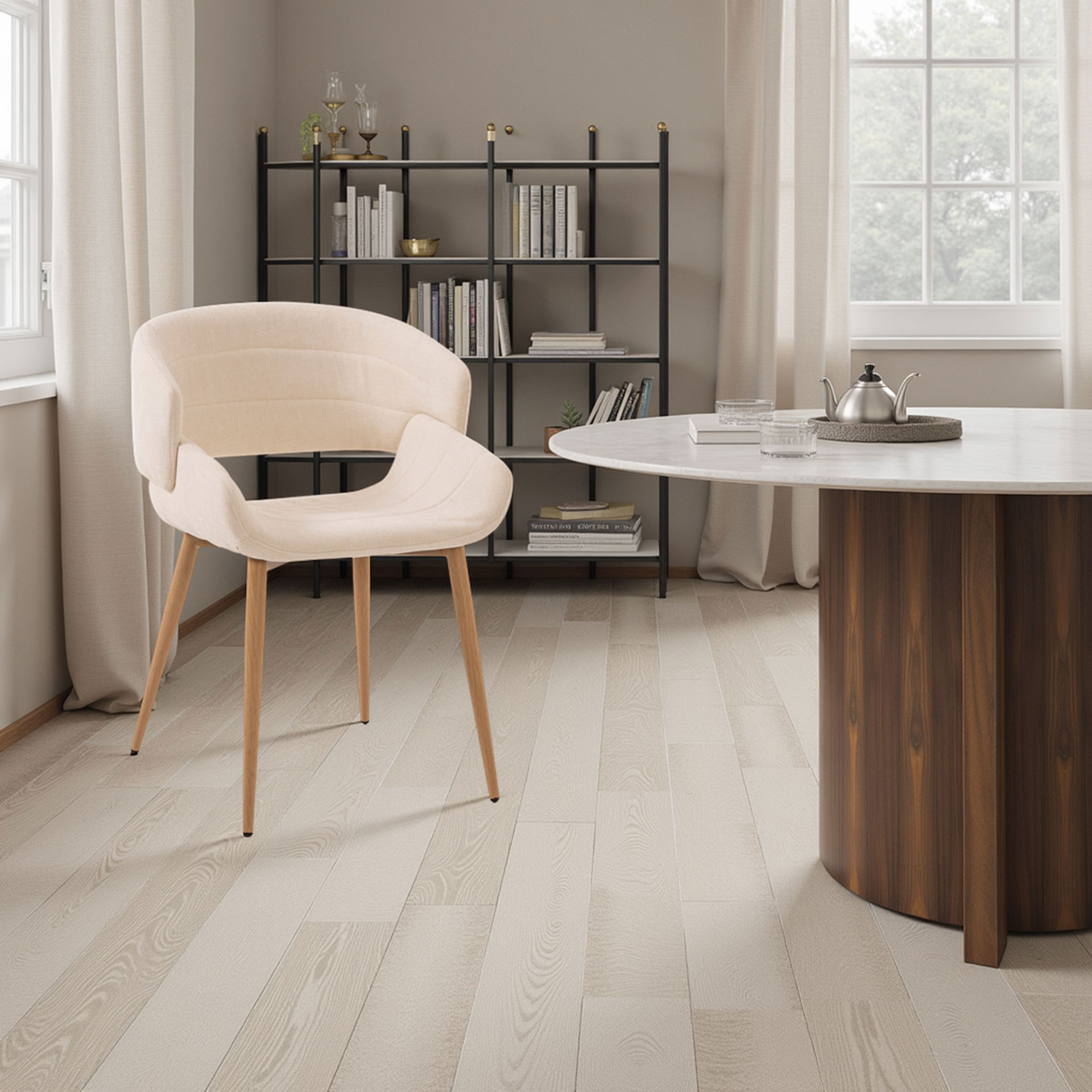 Alternative view of GDECO - SILLA GRETA 77*57*60 CM, ASIENTO CURVADO TAPIZADO BEIGE CON TELA  EASYCLEAN Y PATAS METALICAS EN NEGRO