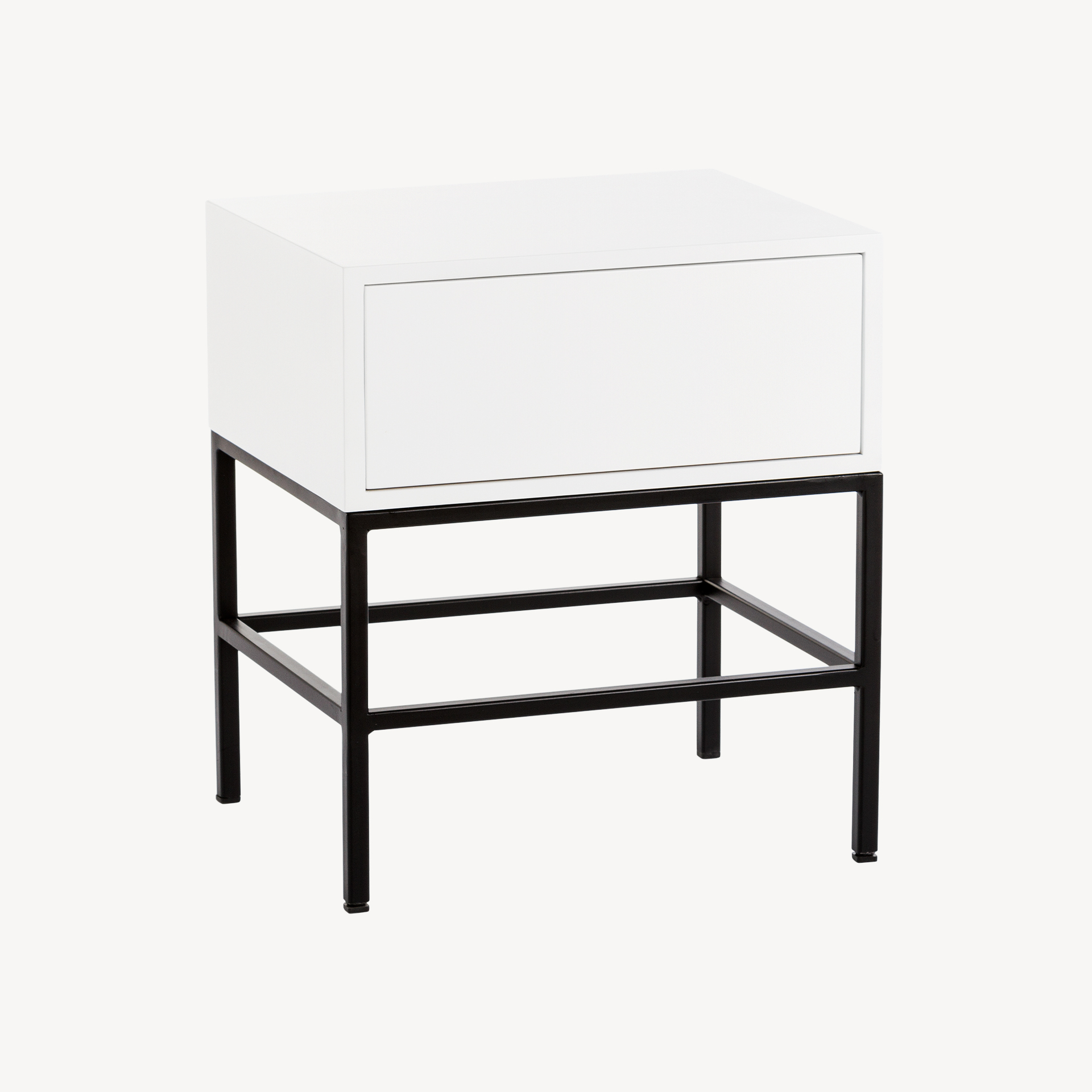 GDECO - MESITA PUSH 1 CAJON LACADA BLANCO. BASE METAL NEGRO. 48*55*33,5 CM