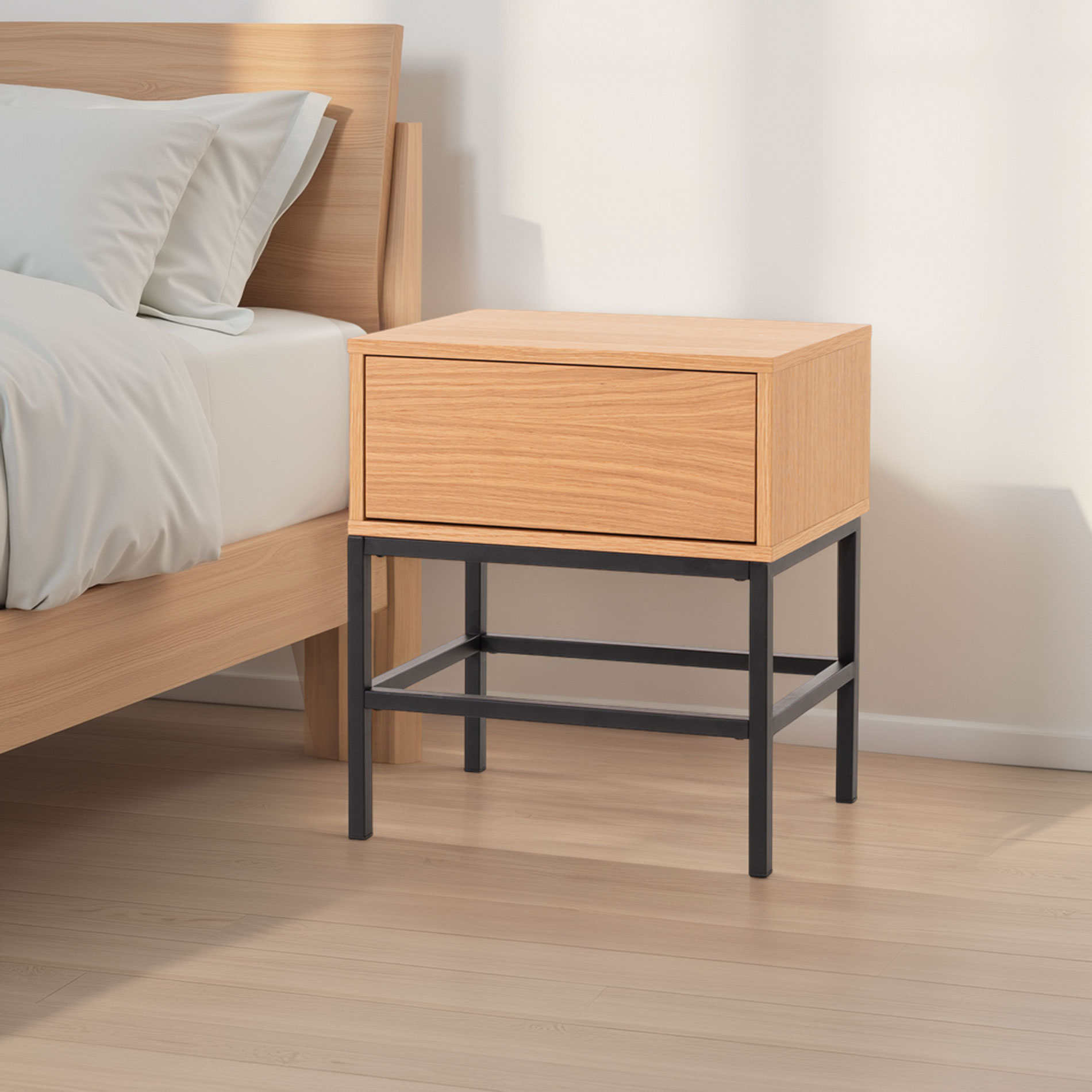 Alternative view of GDECO - MESITA PUSH 1 CAJON CHAPA ROBLE. BASE METAL NEGRO. 48*55*33,5 CM