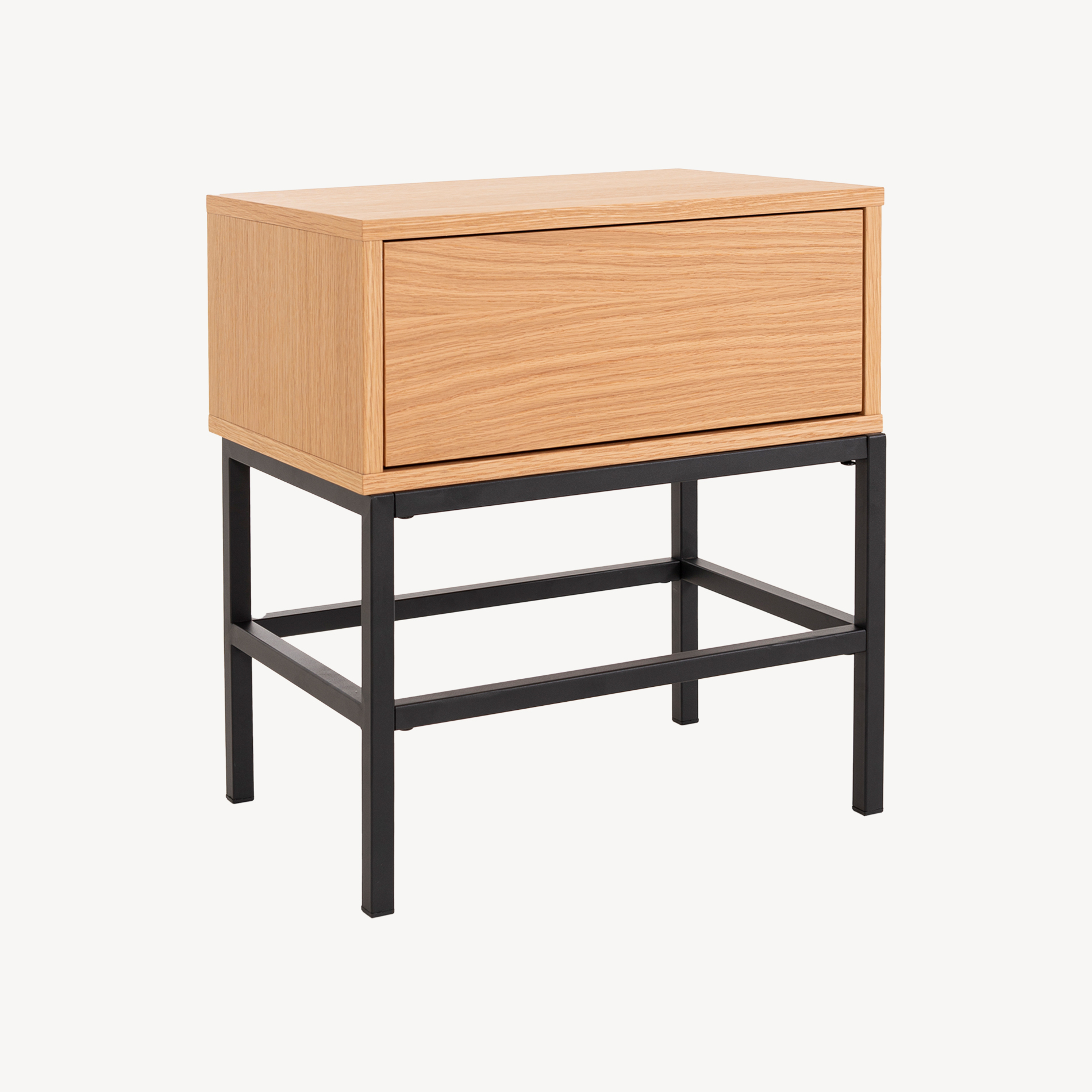 GDECO - MESITA PUSH 1 CAJON CHAPA ROBLE. BASE METAL NEGRO. 48*55*33,5 CM