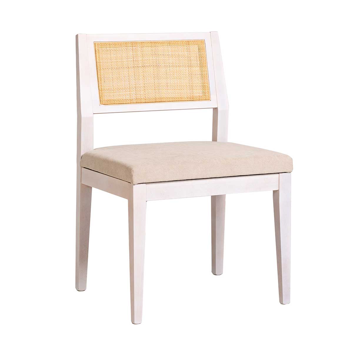 GDECO - SILLA CUBA MADERA, REJILLA CANNAGE NATURAL. 88*48*56 CM. COLOR: BLANCO DECAPADO. TELA ASIENTO LIDO Nº 6 (BEIGE)