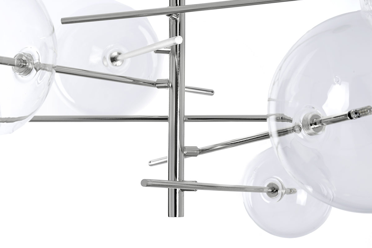 GDECO - LAMPARA TECHO 6 BOLAS CRISTAL, BOMBILLAS LED. COLOR PLATA CROMADO. 100*70*70 cm