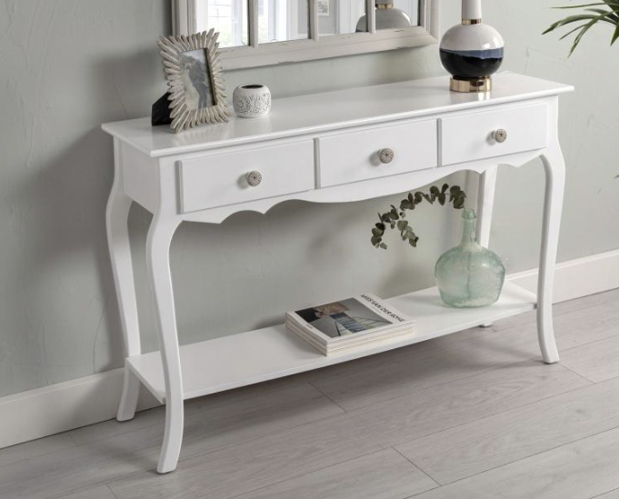 GDECO - CONSOLA CON BALDA CLASSICA 3 CAJONES. COLOR BLANCO - TIRADOR POMO RELOJ CERAMICA