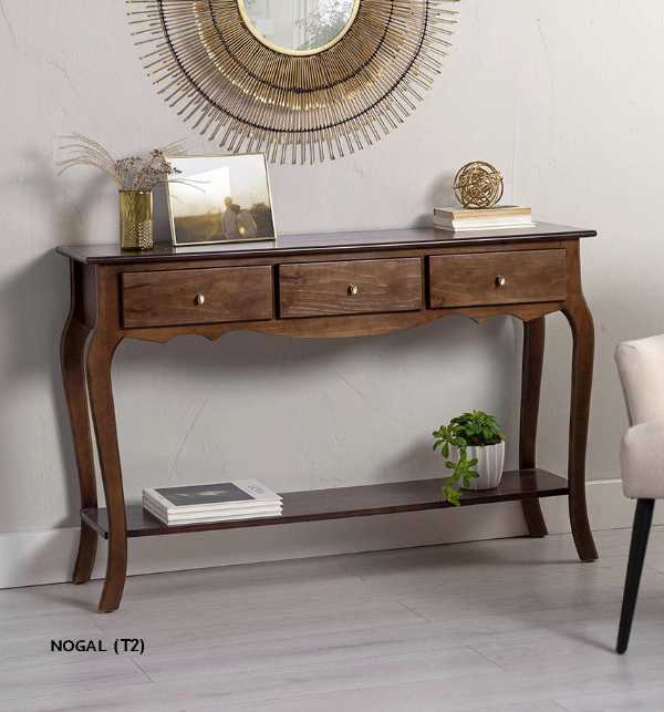 GDECO - CONSOLA CON BALDA CLASSICA 3 CAJONES. COLOR NOGAL - TIRADOR LAGRIMA ORO