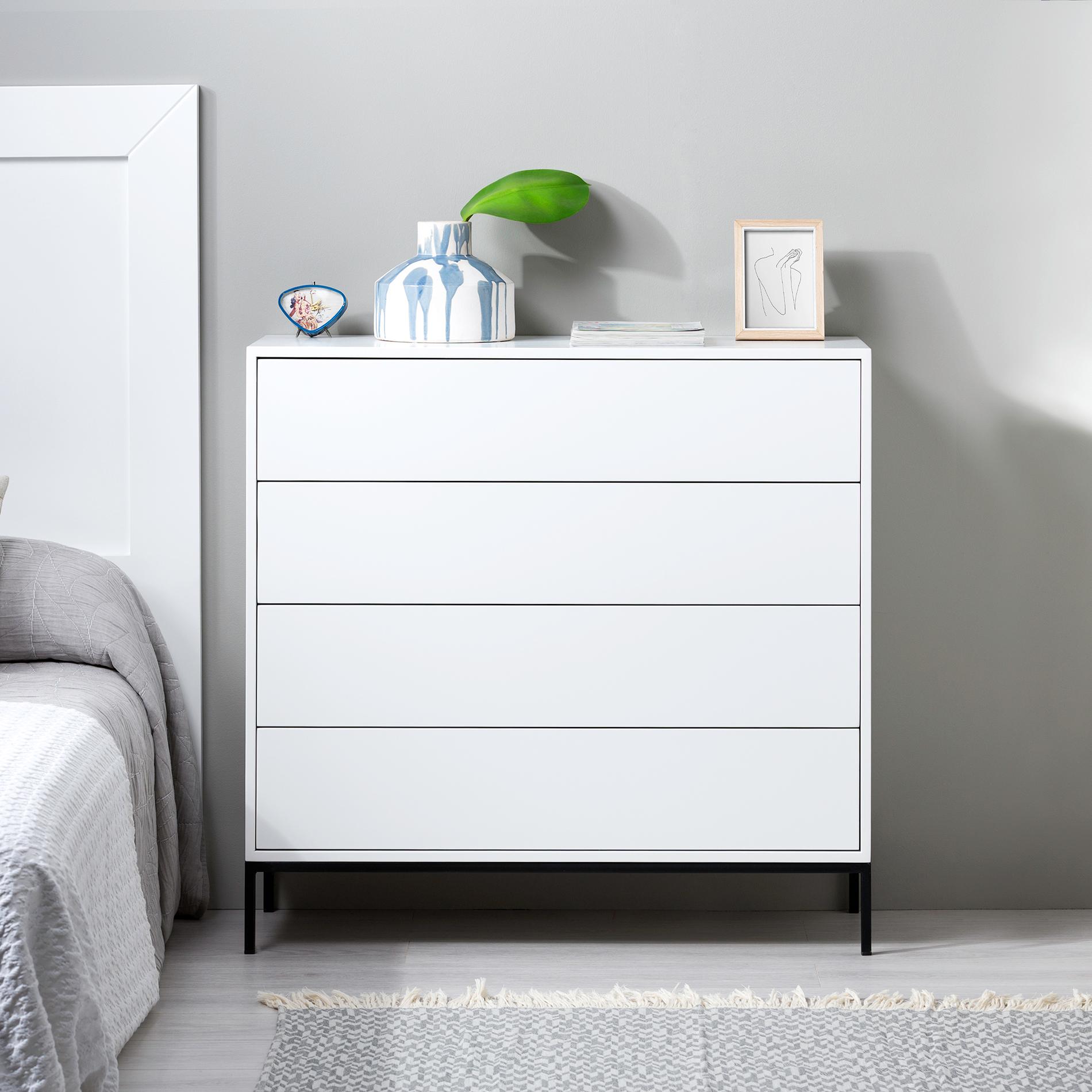 GDECO - COMODA PUSH 4 C. LACADO BLANCO, BASE METAL NEGRO. 100*95*40 CM