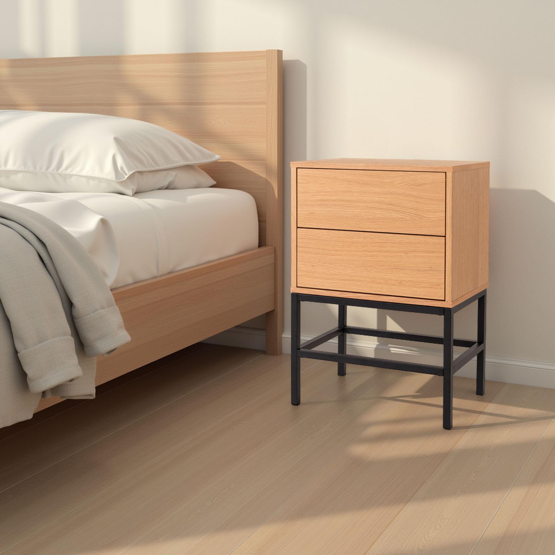 GDECO - MESITA PUSH 2 CAJONES CHAPA ROBLE. BASE METAL NEGRO. 74*48*33,5 CM