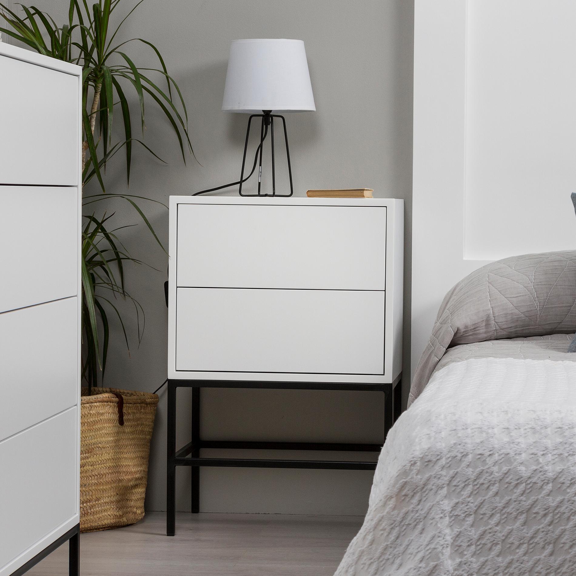 GDECO - MESITA PUSH 2 CAJONES LACADA BLANCO. BASE METAL NEGRO. 74*48*33,5 CM