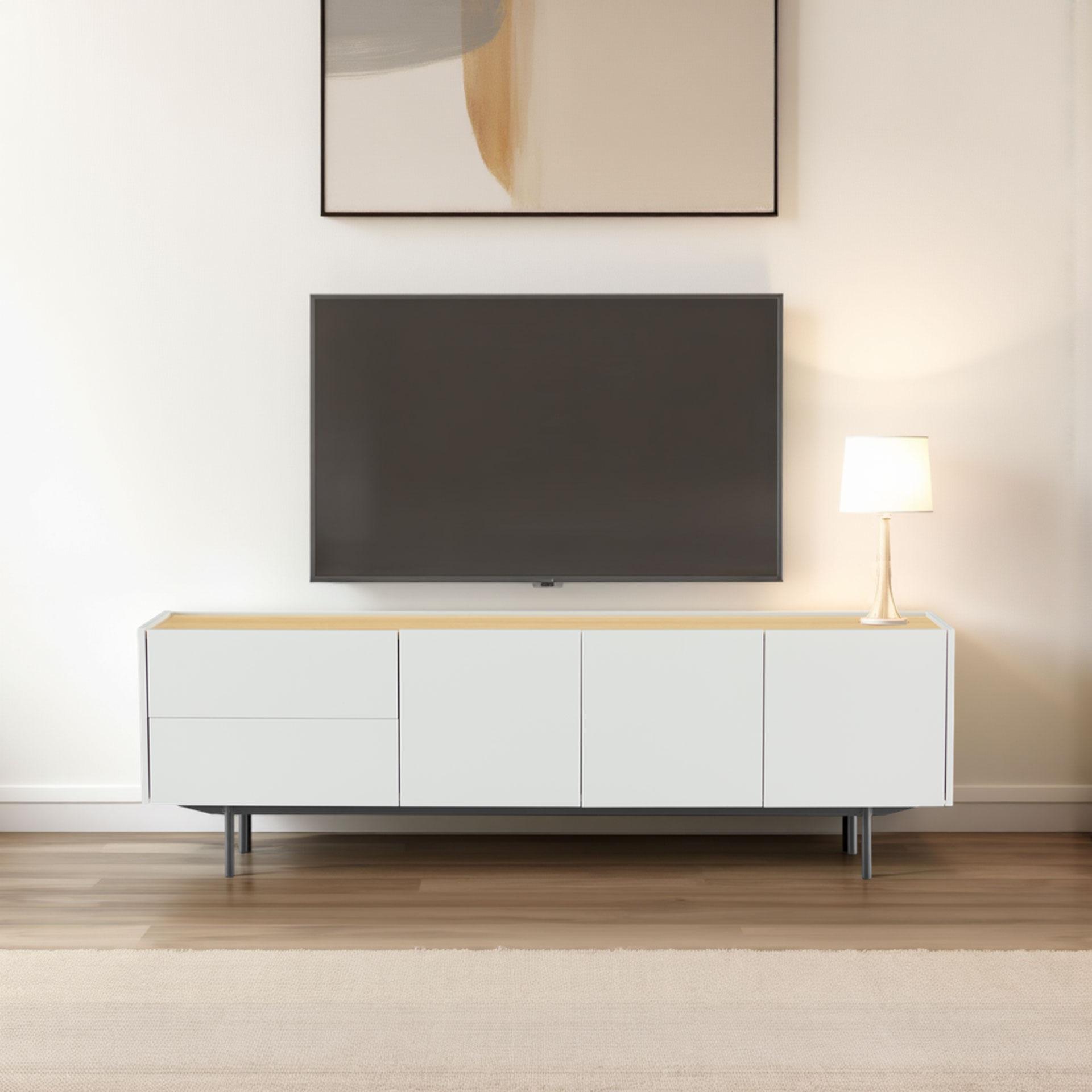 GDECO - MUEBLE TV POL. LACADO GRIS PIEDRA Y CHAPA DE ROBLE. PATAS METALNEGRO