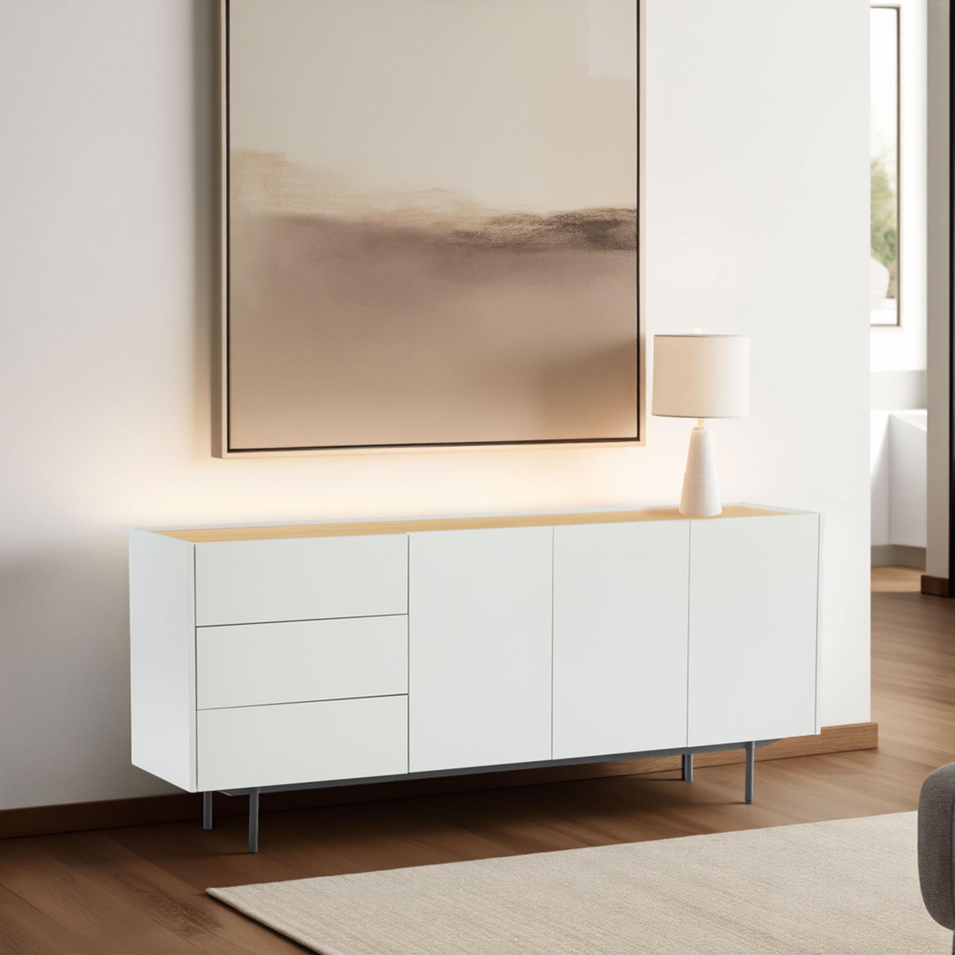 GDECO - APARADOR POL. LACADO GRISPIEDRA Y CHAPA DE ROBLE. PATAS METAL NEGRO