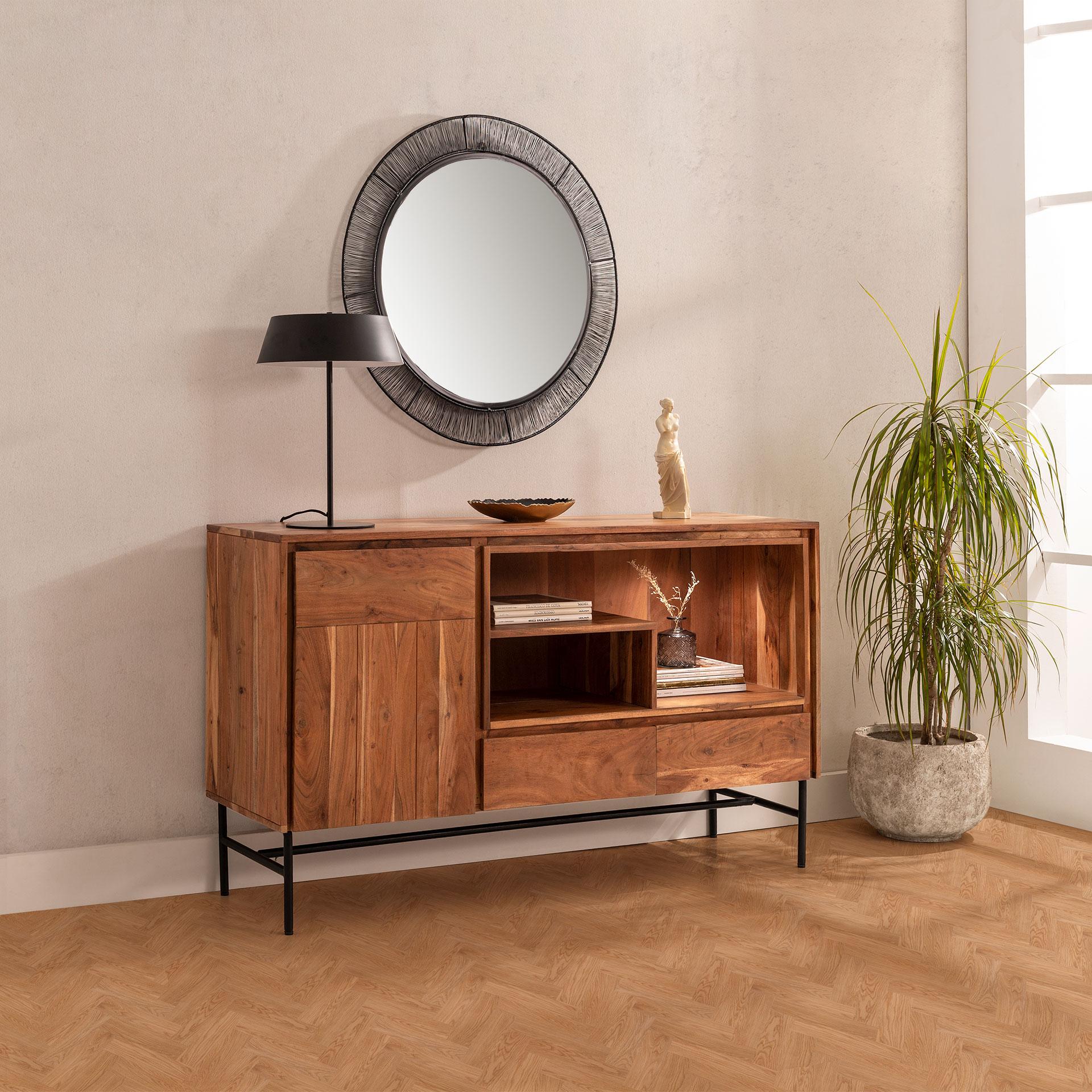 GDECO - APARADOR ACACIA CON LUZ Y PATAS METAL 140*40*80 CM