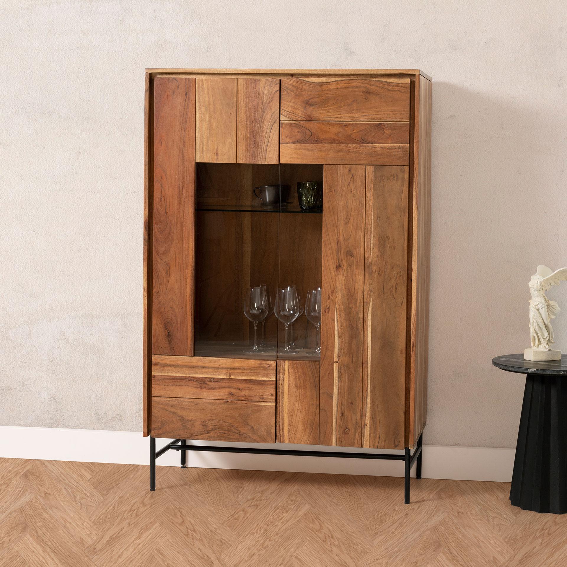 GDECO - APARADOR ACACIA CON LUZ Y PATAS DE METAL 150*96*40 CM