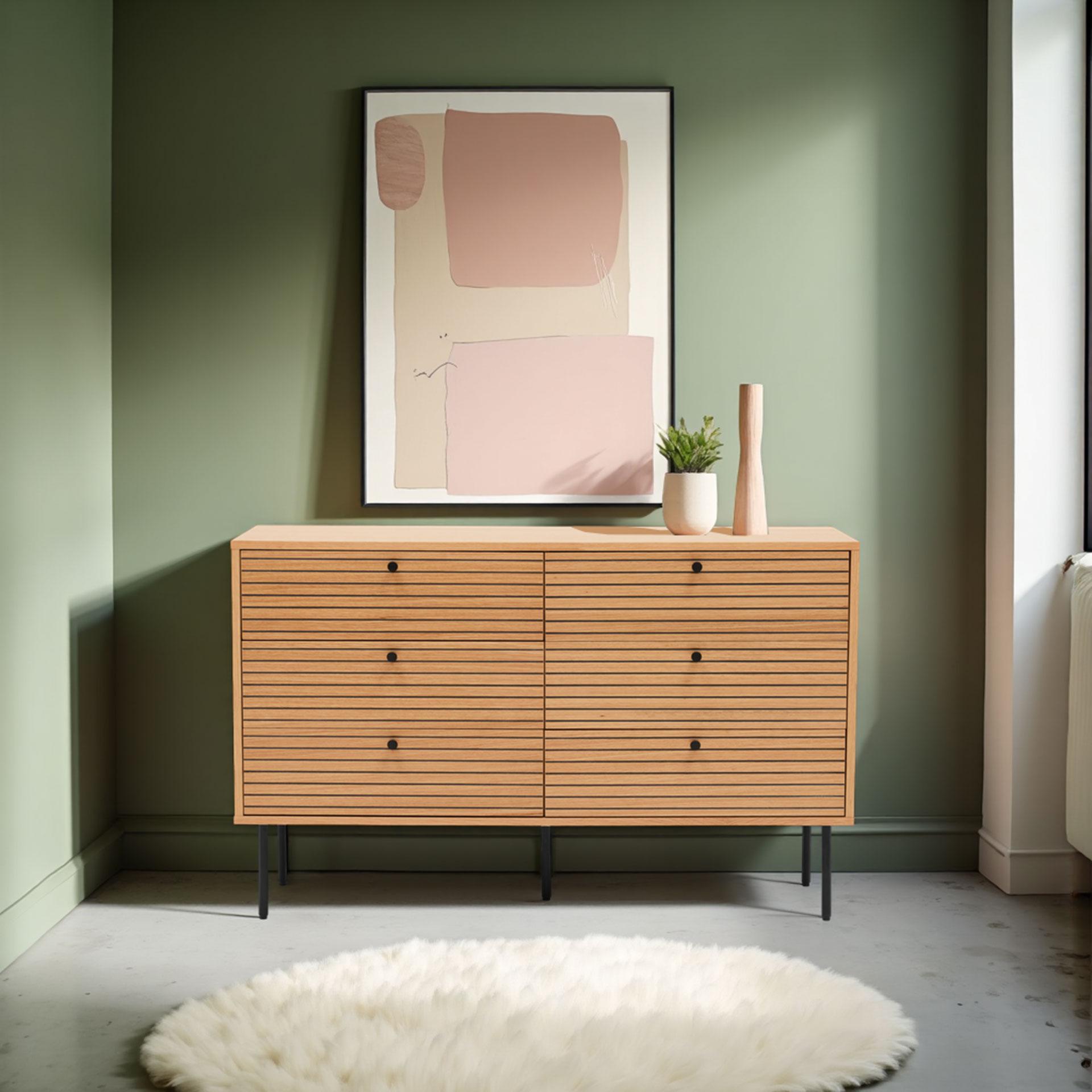 GDECO - CÓMODA NELA 6 CAJ. CHAPA DE ROBLE Y DM NEGRO. PATAS METAL NEGRO.