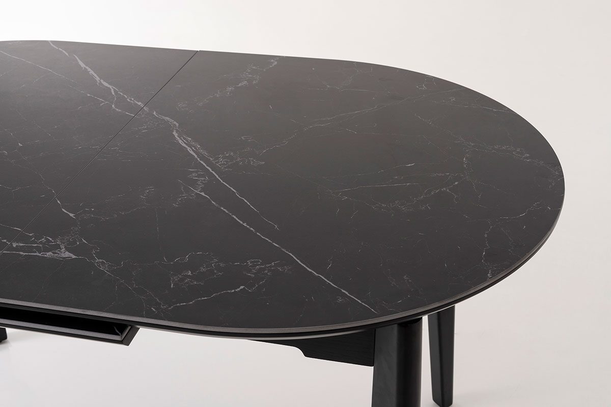 GDECO - MESA EXTENSIBLE OVALADA 140/180*85*76 CM, TAPA PORCELANICO NEGRO Y BASE METAL NEGRO - Imagen 2