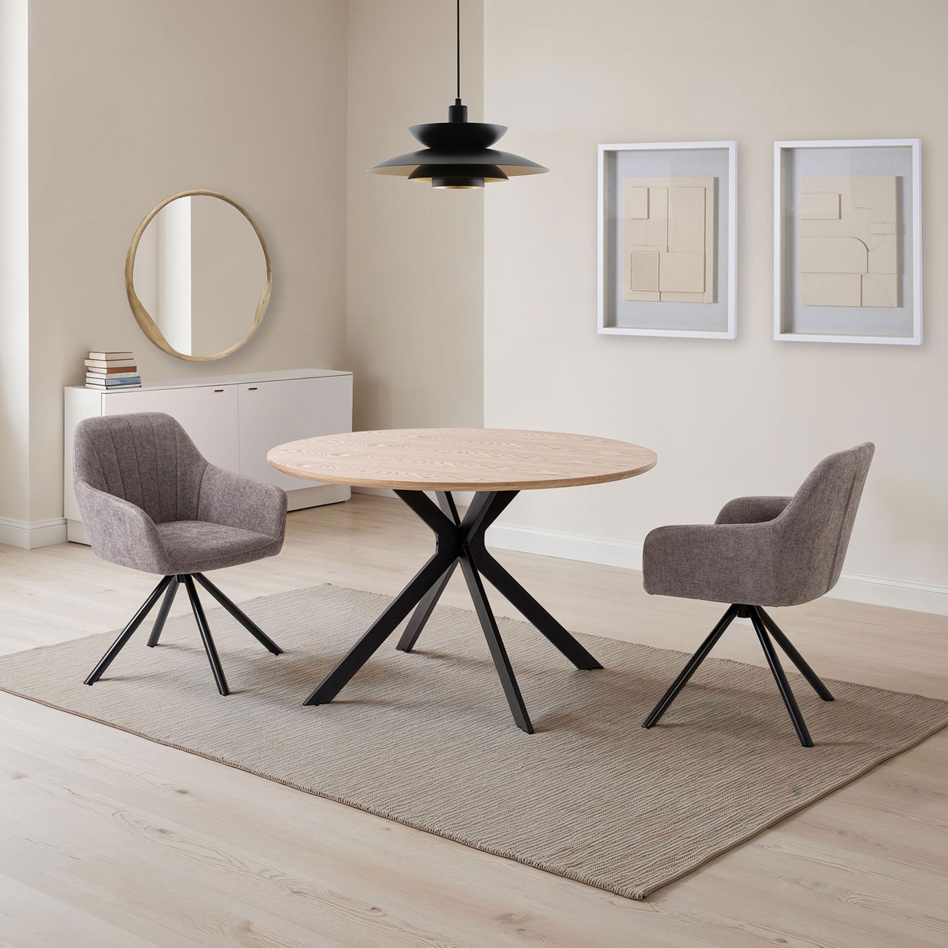 GDECO - MESA COMEDOR TAPA REDONDA 120*120*75CM, TAPA CHAPA ROBLE, PIE METAL NEGRO